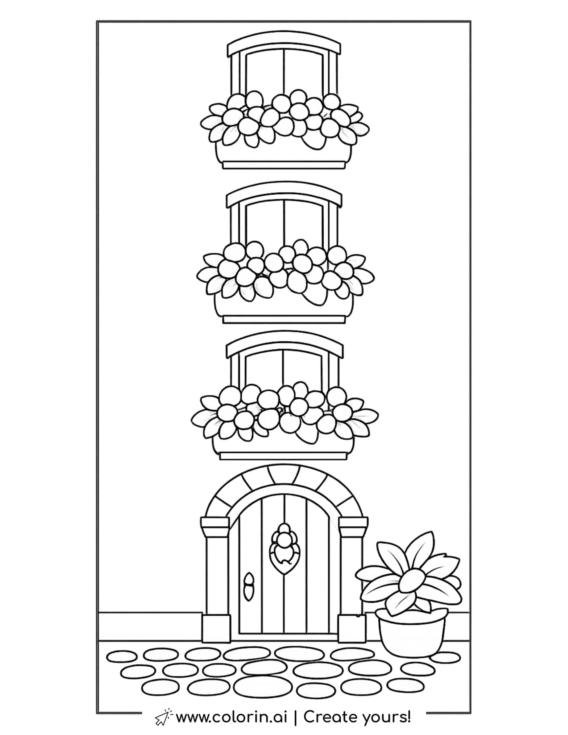 residential house with three flower windows coloring page featuring arched door and potted plant coloring page