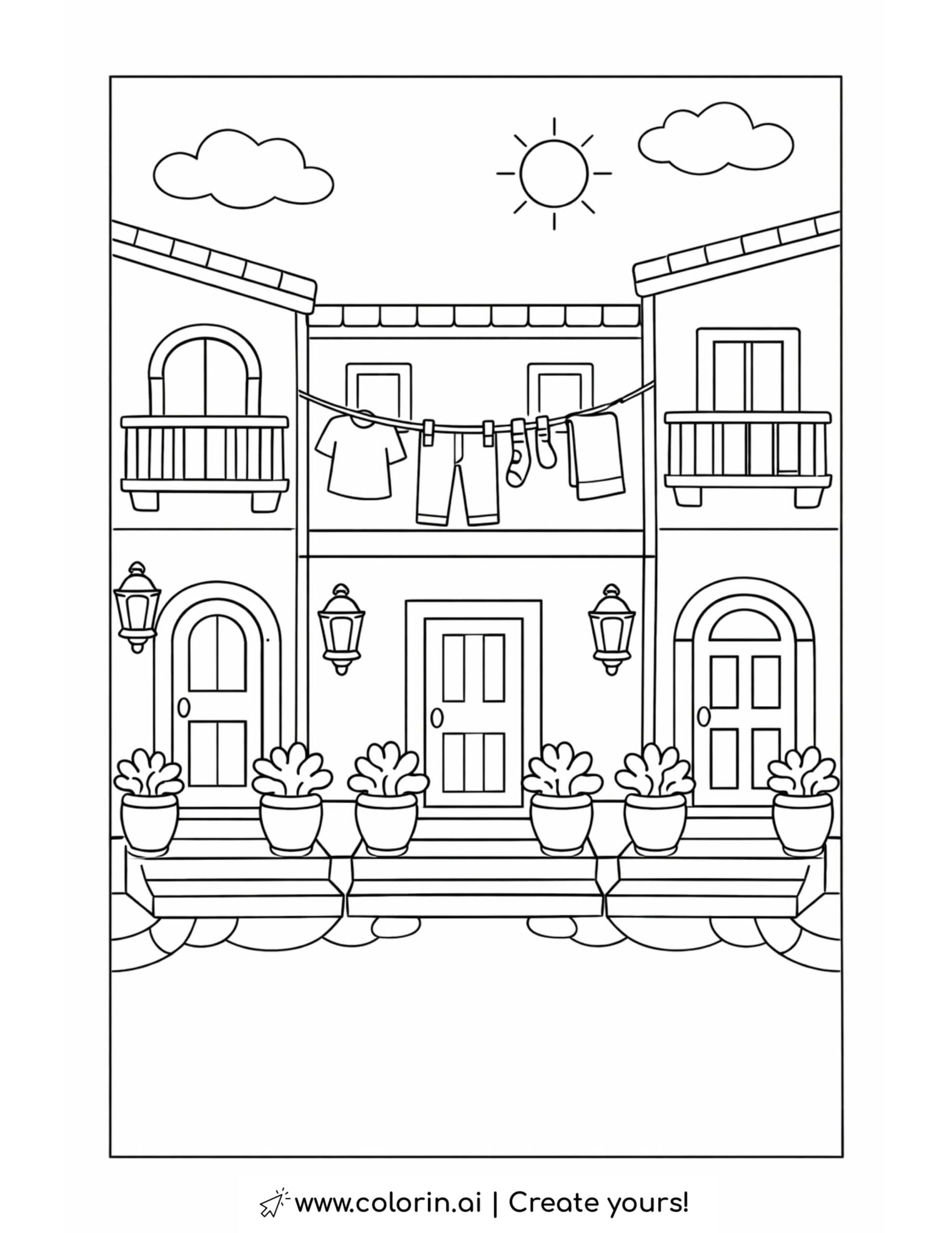 residential street with hanging laundry coloring page with balconies and potted plants