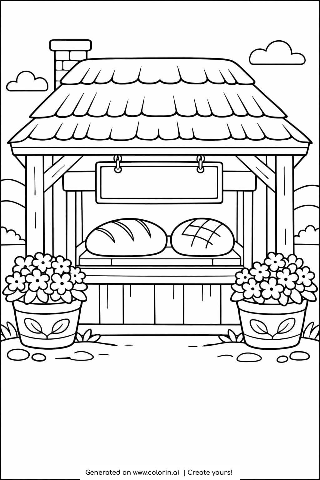 rustic bakery stand with bread display coloring page with flower pots and hanging sign