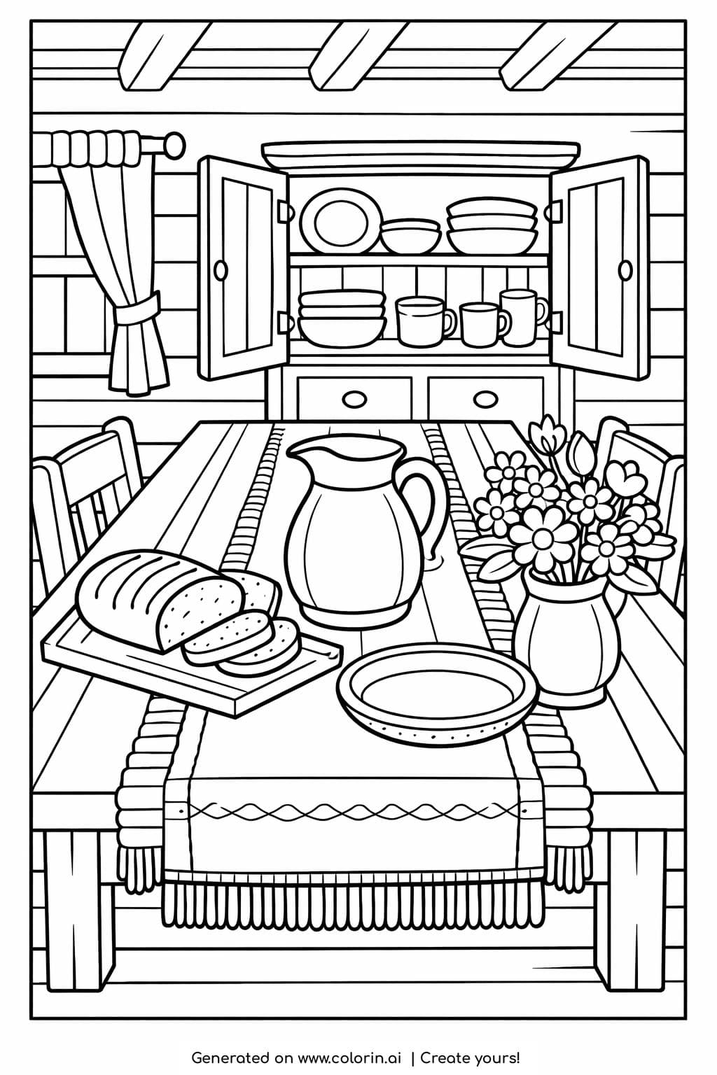 rustic cabin dining table with bread coloring page cozy cottage interior coloring page