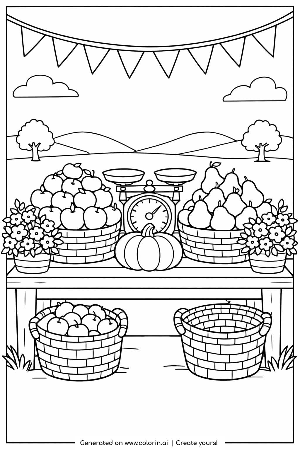 rustic fruit stand with vintage scale coloring page with baskets of apples and pears on a wooden table coloring page
