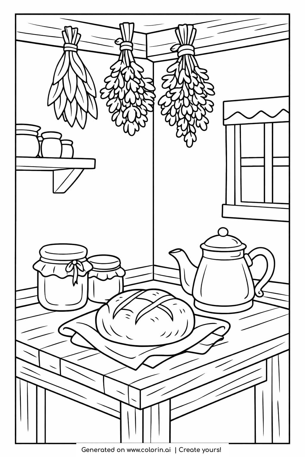 rustic kitchen corner with fresh bread coloring page showing wooden table teapot and hanging herbs coloring page