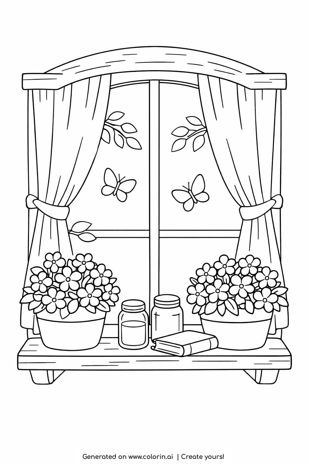 rustic window with flowers and butterflies coloring page with curtains and potted plants