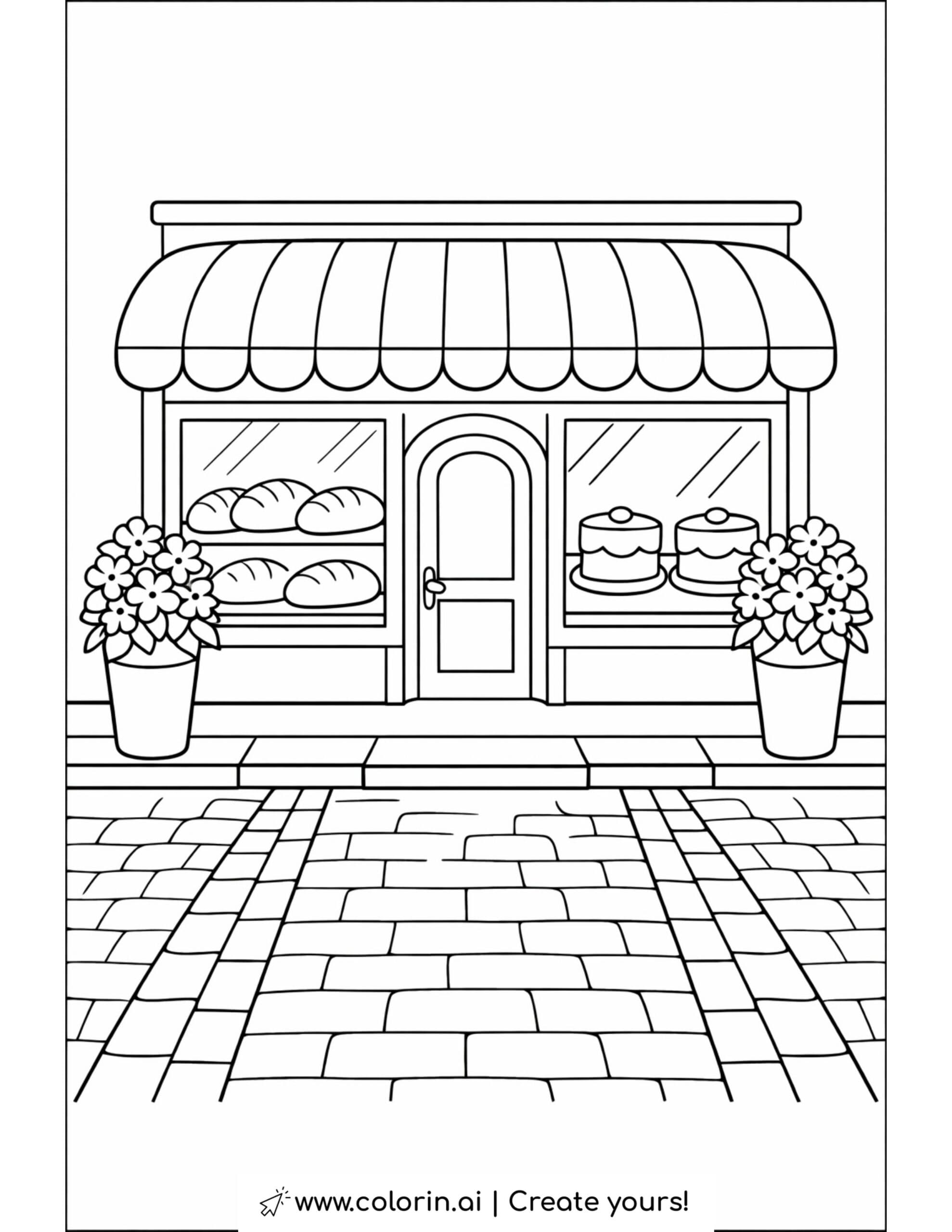 small bakery storefront with bread display coloring page with cakes and flower pots coloring page