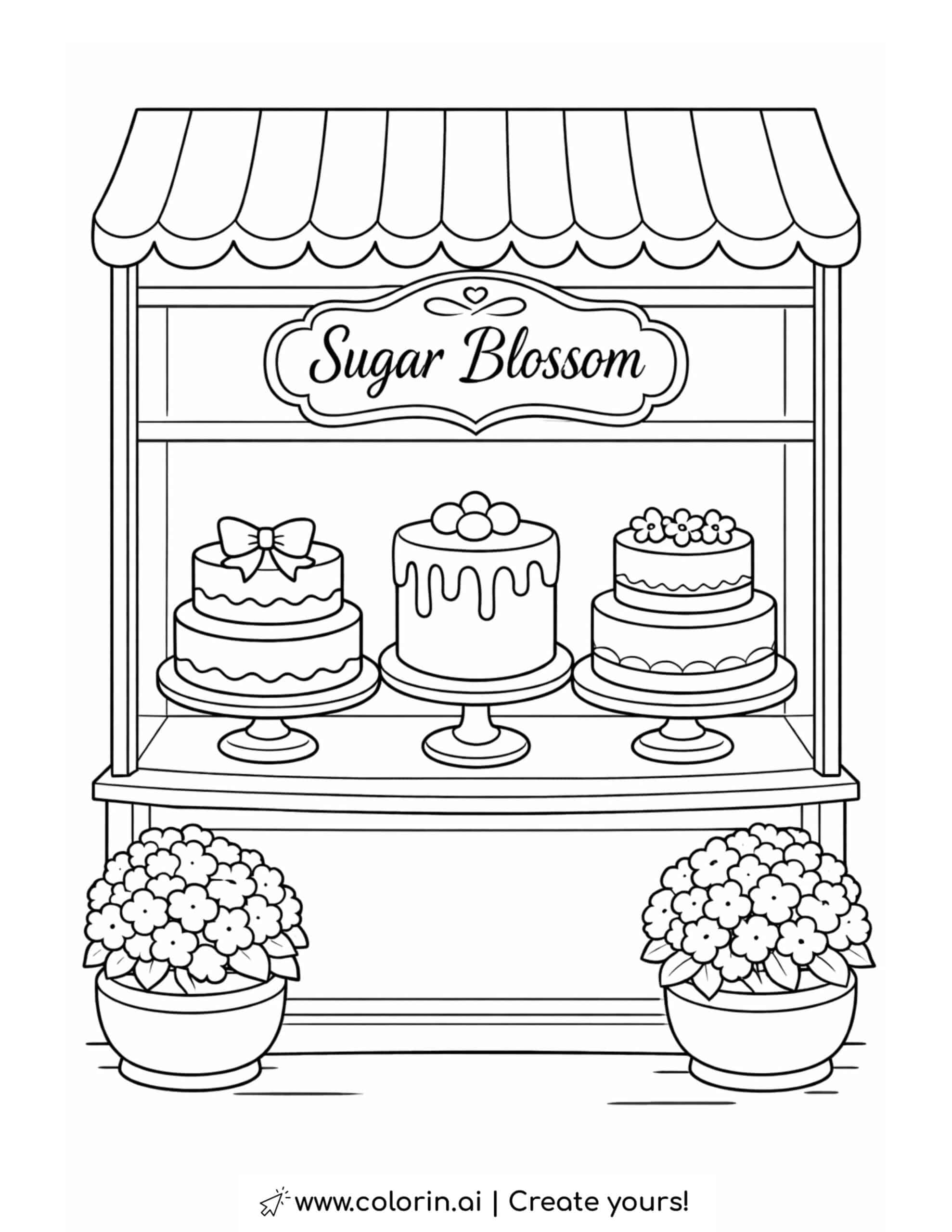 sugar blossom bakery display window coloring page with three decorated cakes and flower pots coloring page