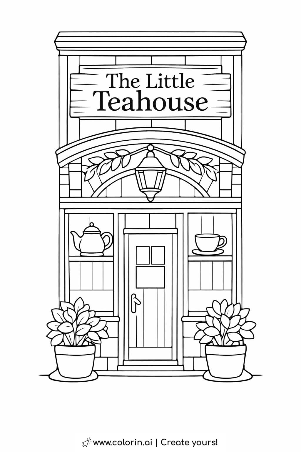 tea shop with vintage teapot display coloring page featuring wooden sign and potted plants coloring page