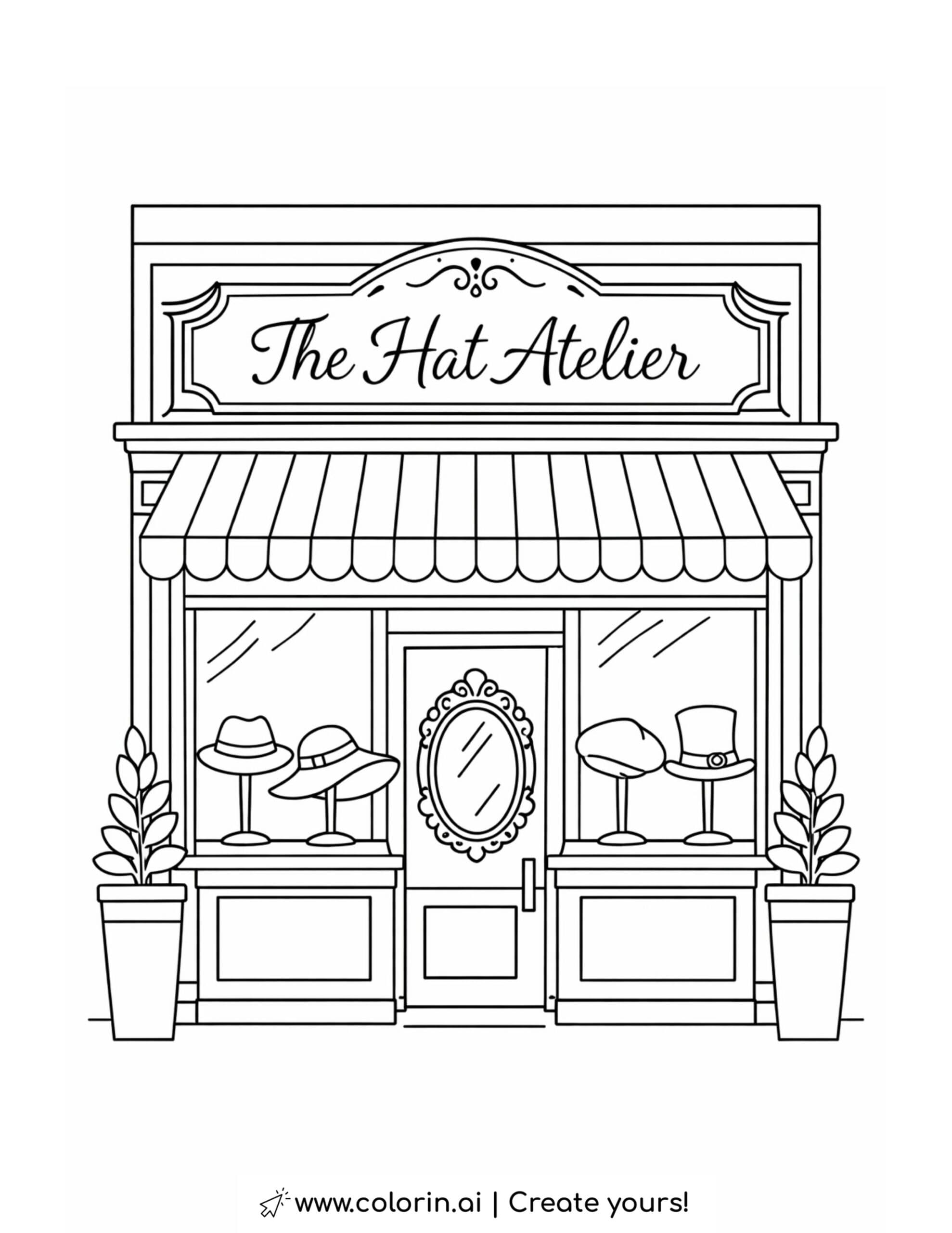 the hat atelier storefront coloring page with boutique hats and display window