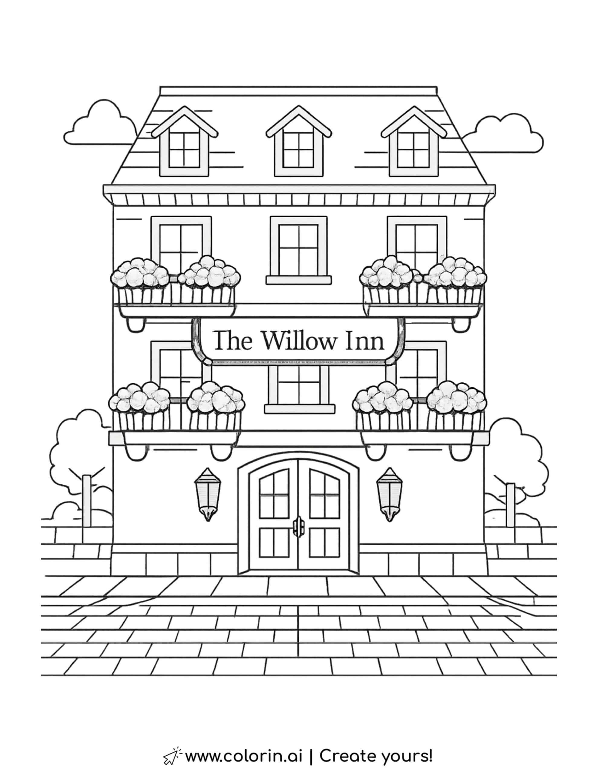 the willow inn hotel facade coloring page with balconies and flower boxes coloring page