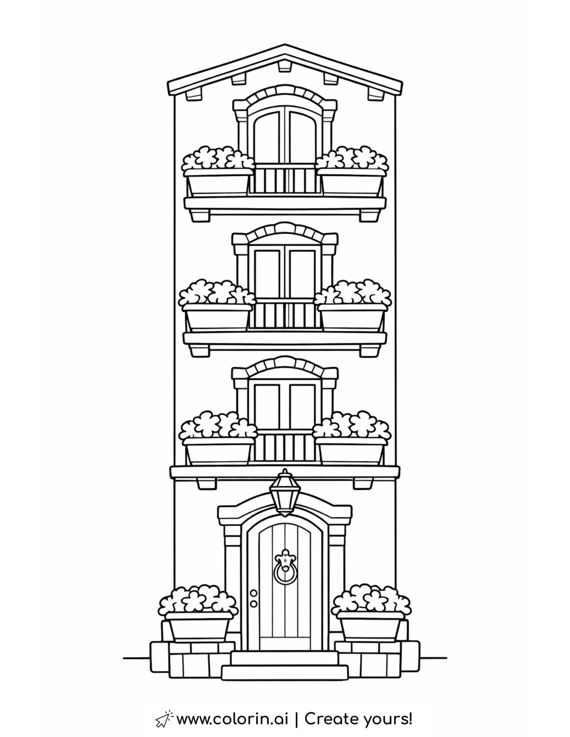 three story house with balconies coloring page with flower boxes and arched door coloring page