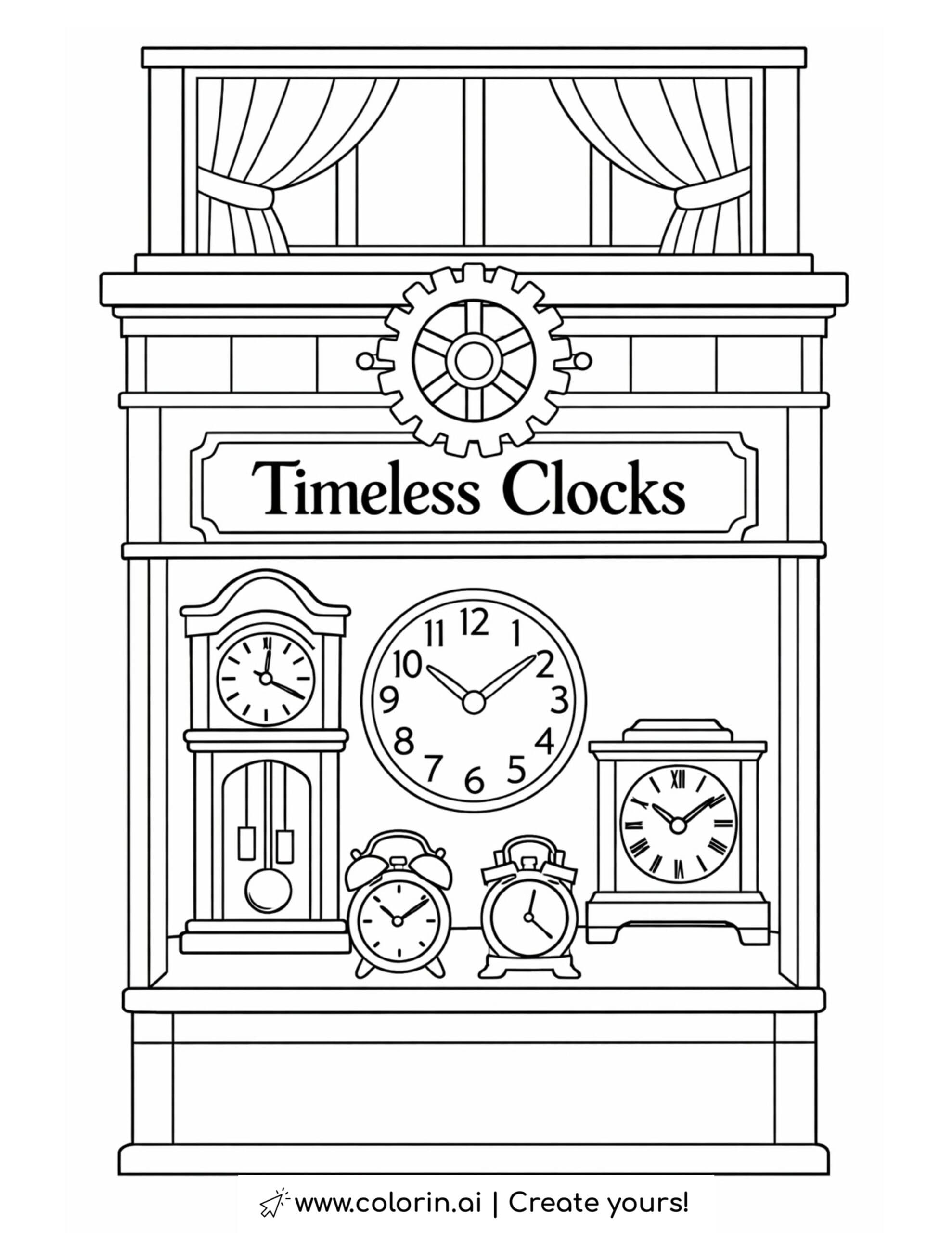 timeless clocks shop window coloring page with vintage clock display and gear sign