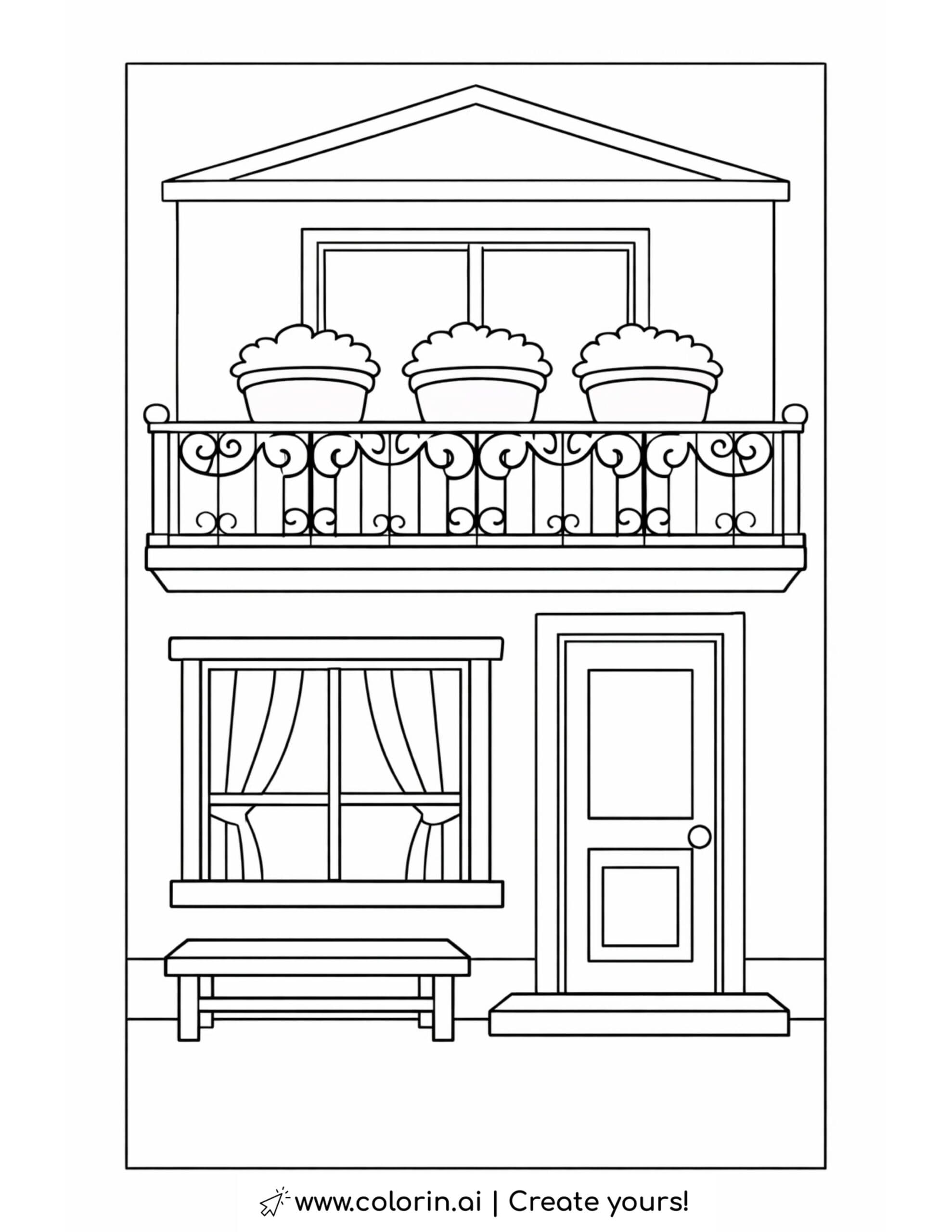 townhouse with iron balcony and flower pots coloring page featuring three planters and front bench coloring page