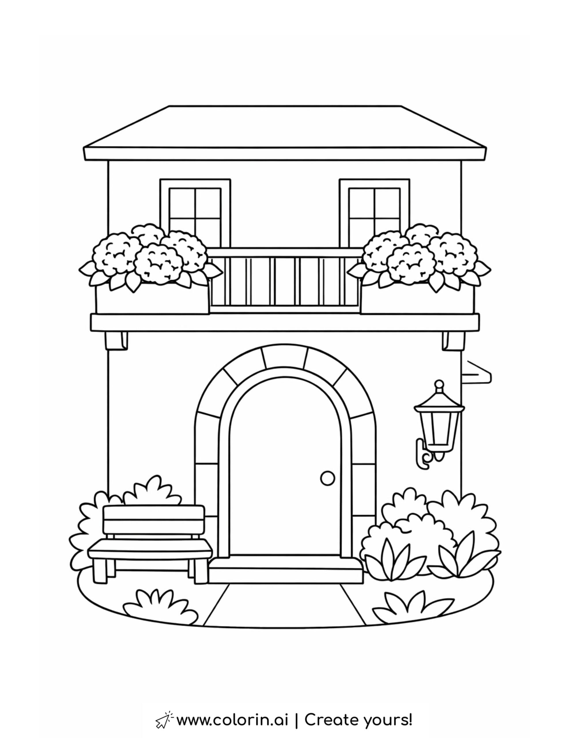 two story house with balcony flowers coloring page with arched door and small garden coloring page