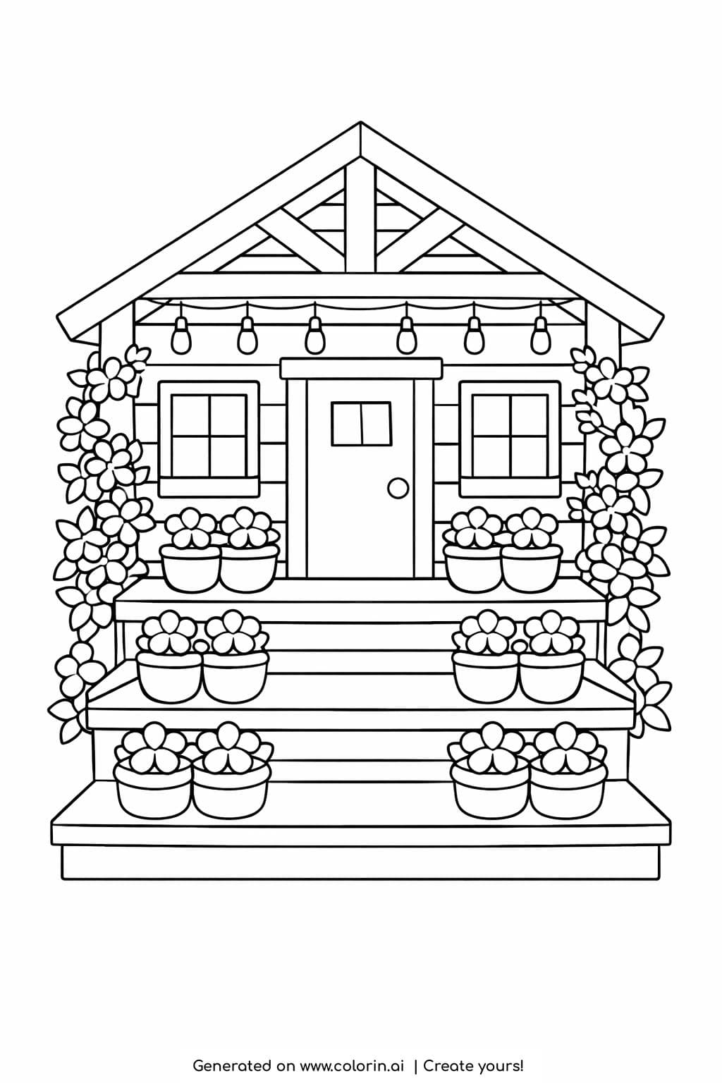 wooden cabin with flower pots on steps coloring page with hanging lights and climbing flowers