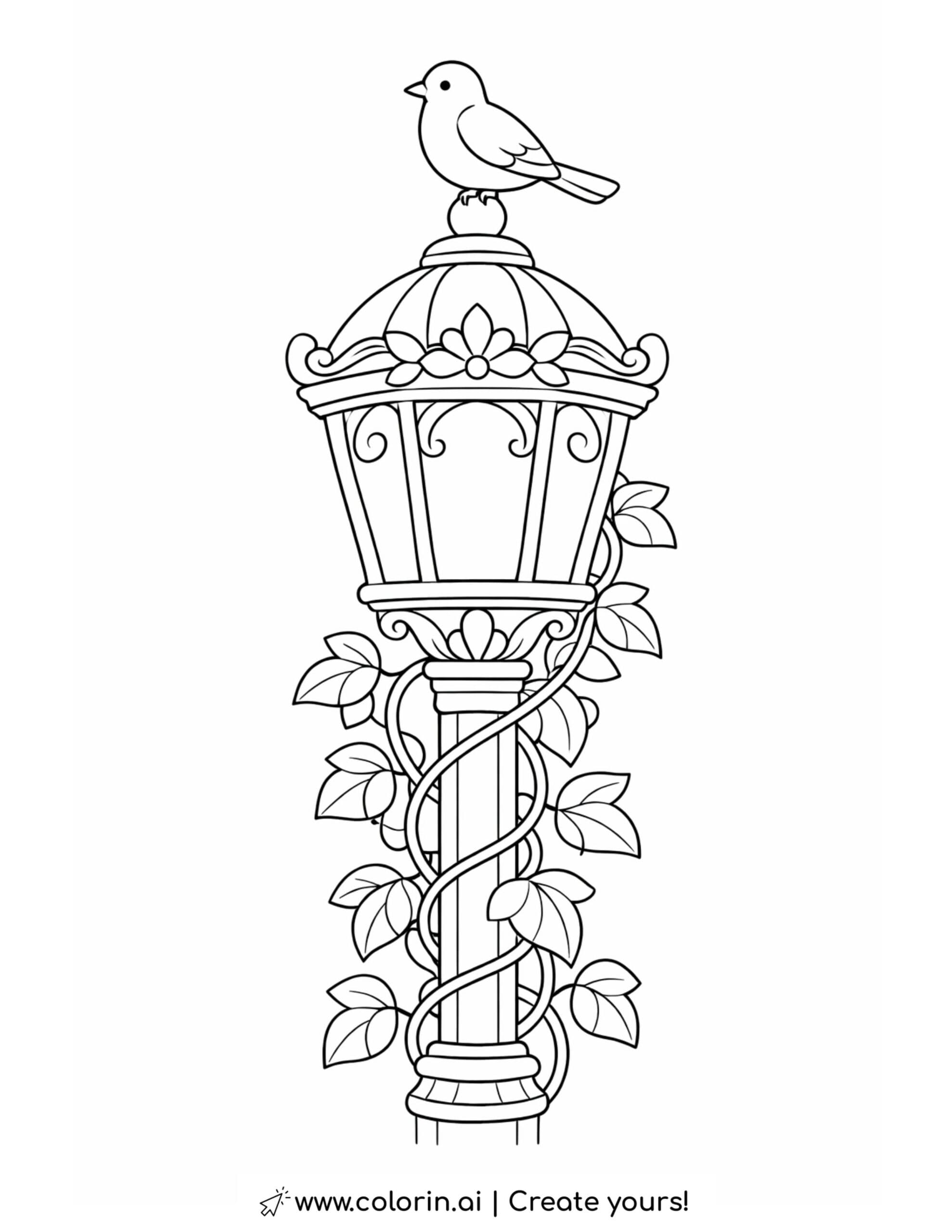 bird building nest in teacup coloring page with branches leaves and flowers