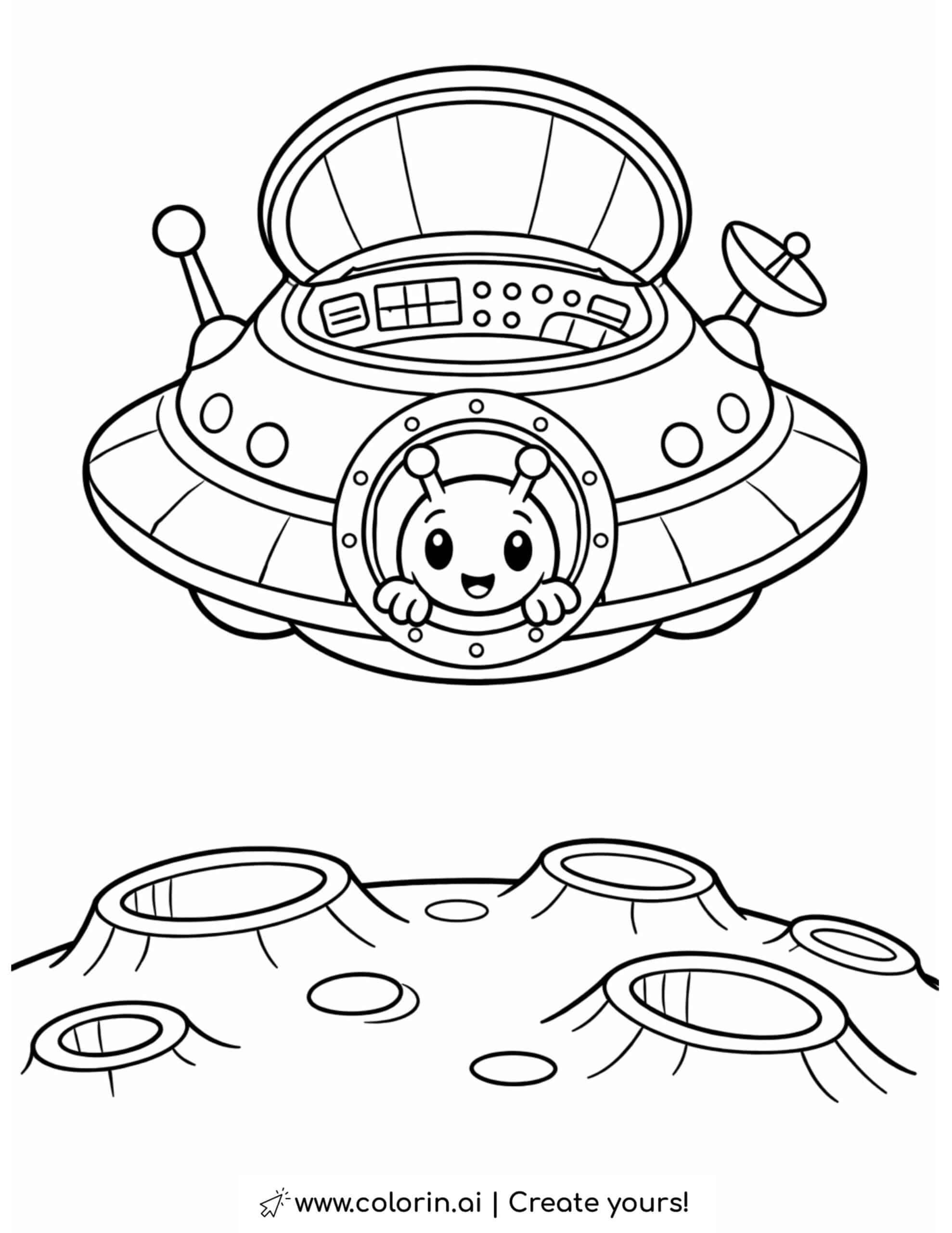 alien in ufo above moon craters coloring page