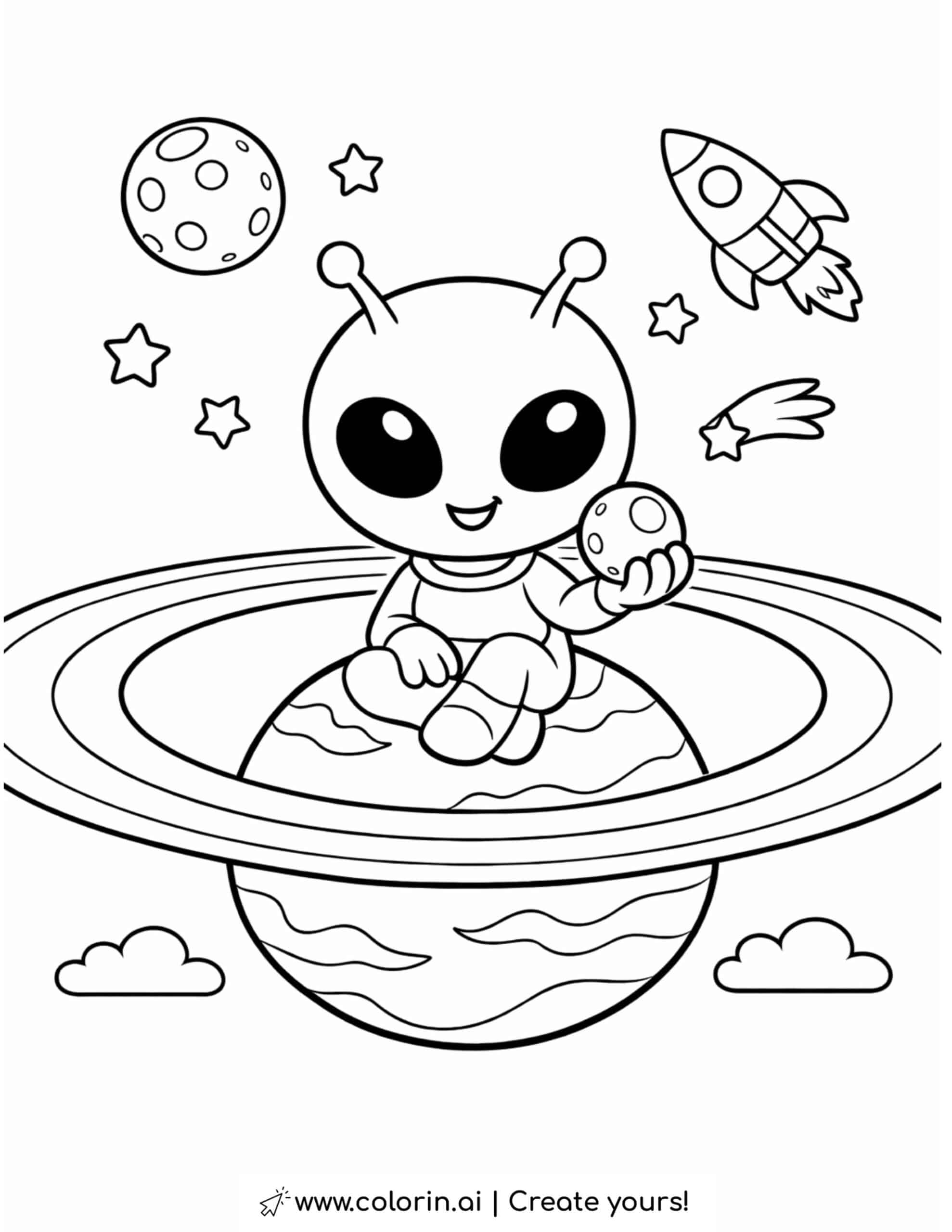 alien sitting on ringed planet with stars and rocket coloring page