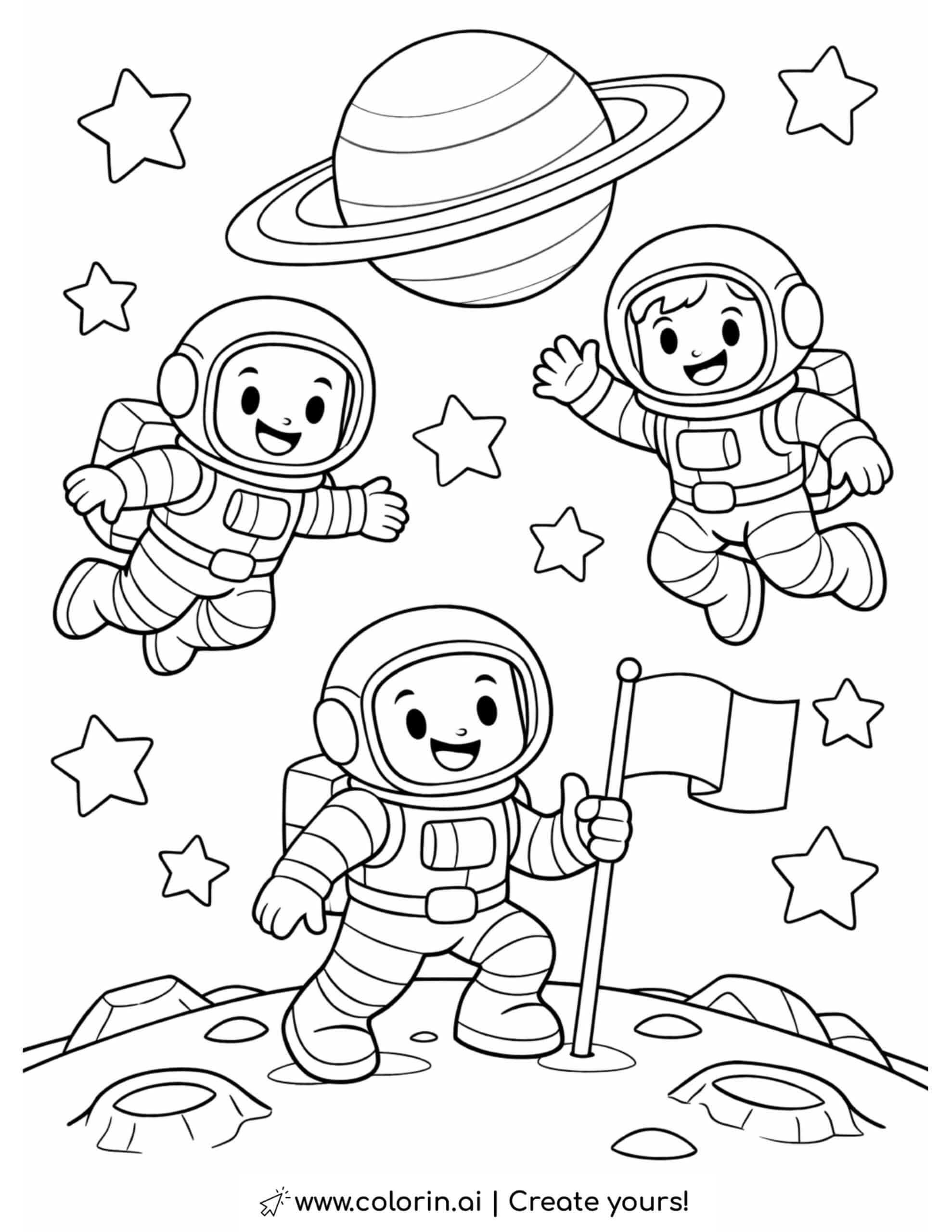 astronauts floating over the moon coloring page with stars and a large planet