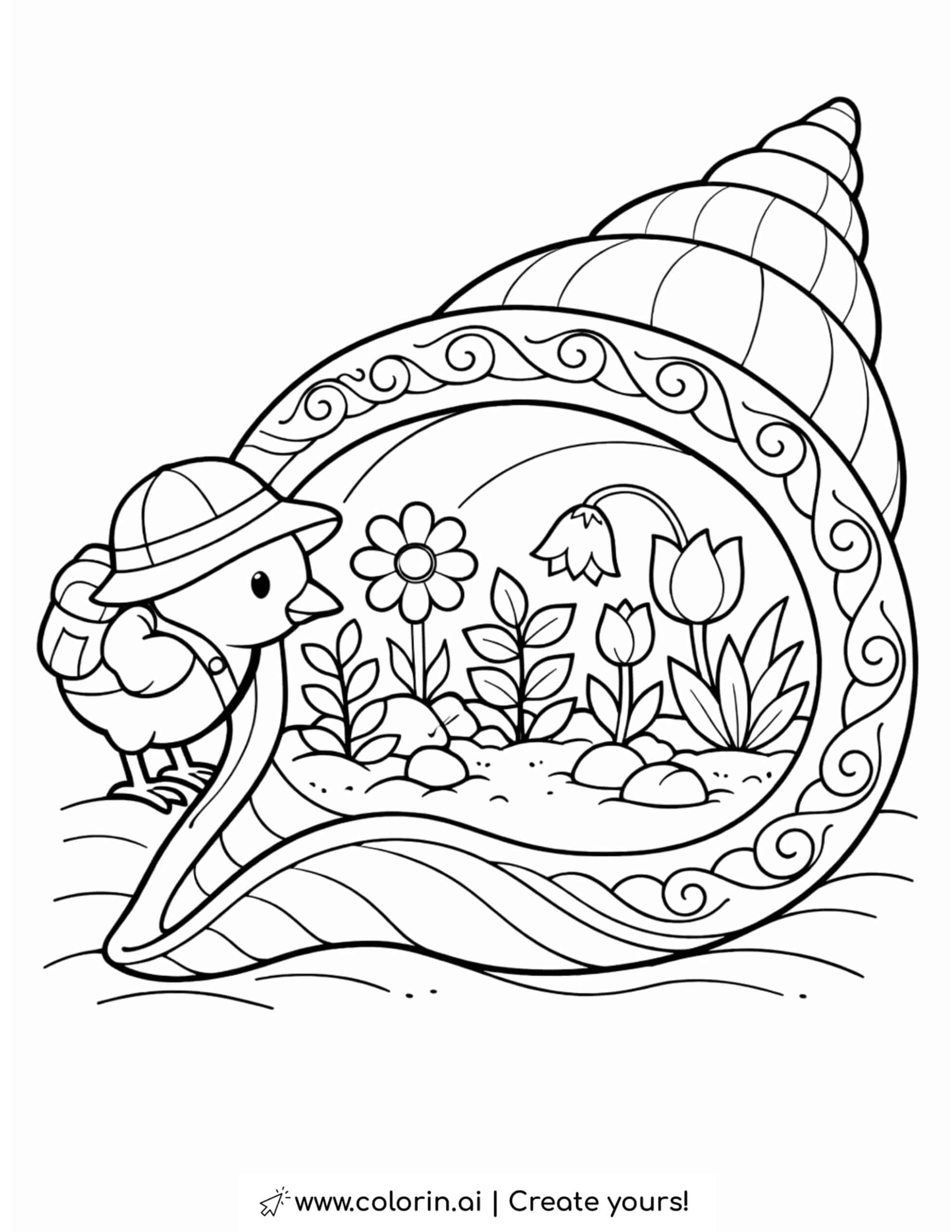 bird exploring giant seashell garden coloring page with flowers and decorative shell