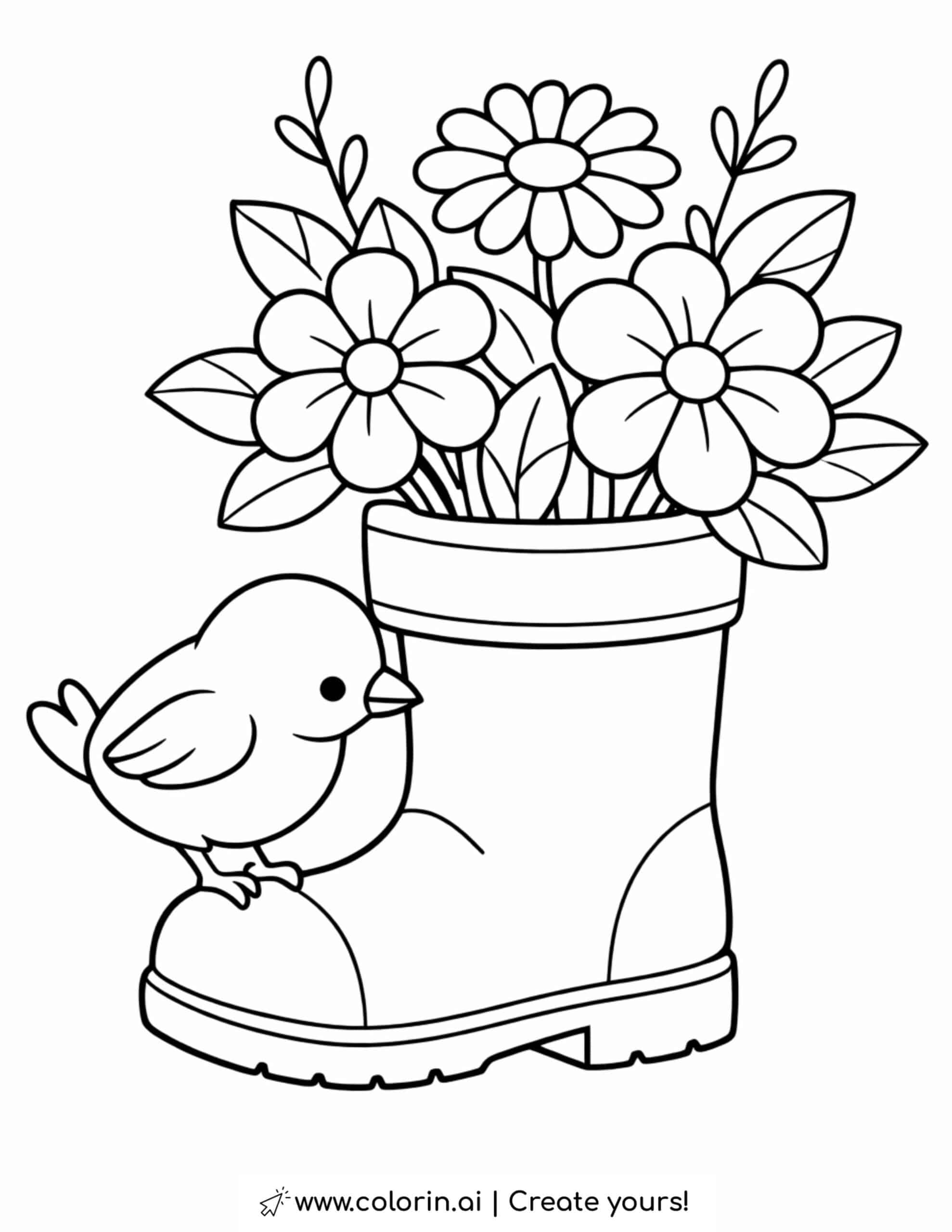 bird looking into flower garden boot coloring page with blooming flowers and leaves