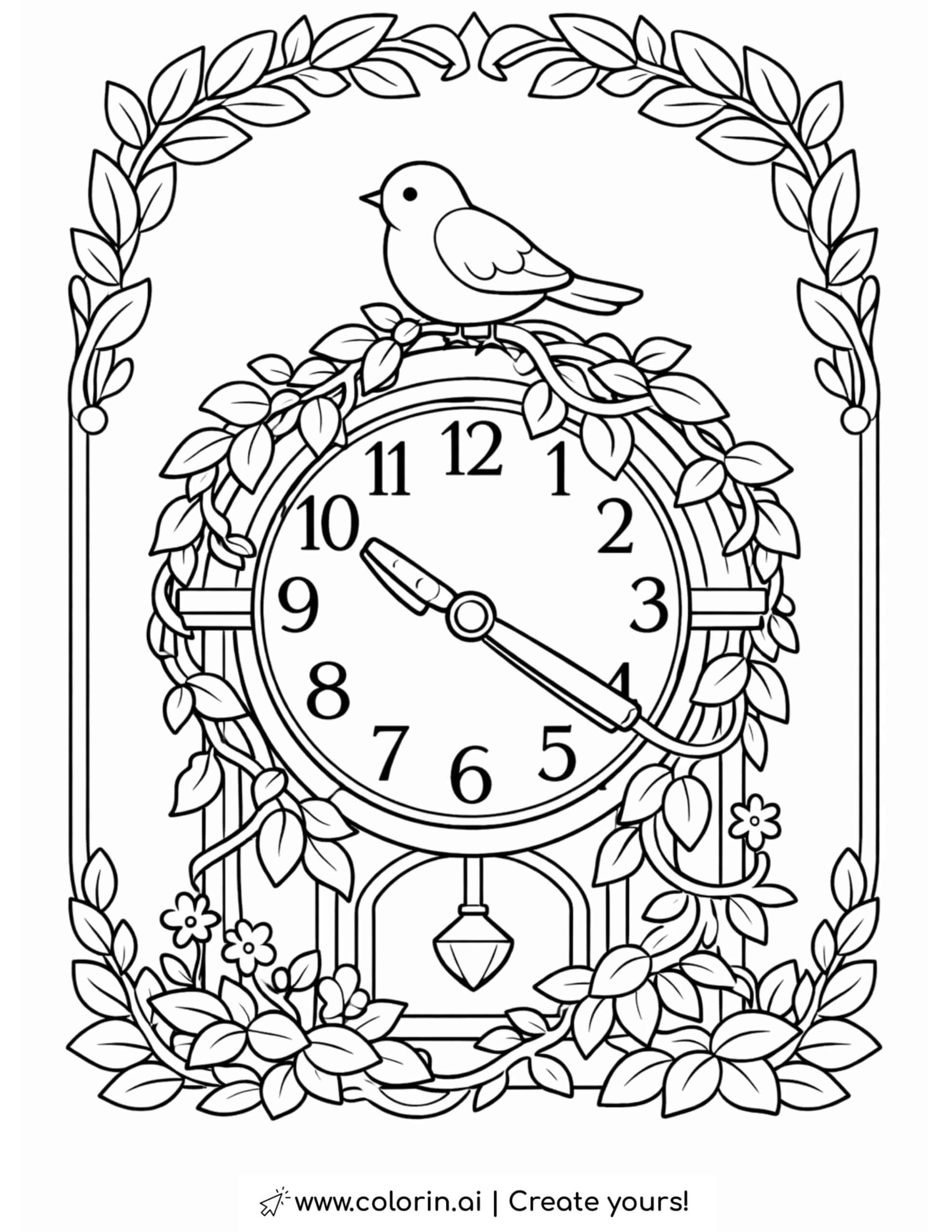 bird resting on vintage clock coloring page surrounded by leaves and vines coloring page