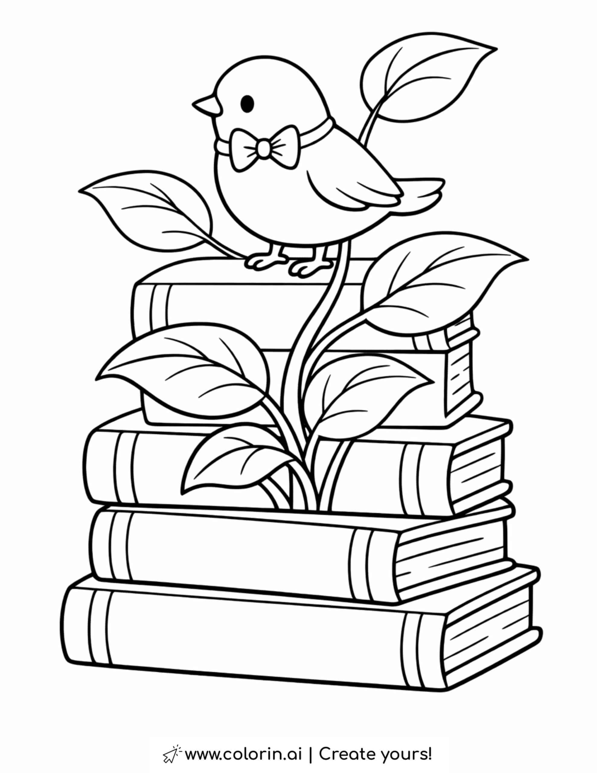 bird sitting on book stack coloring page with plant leaves growing between books coloring page