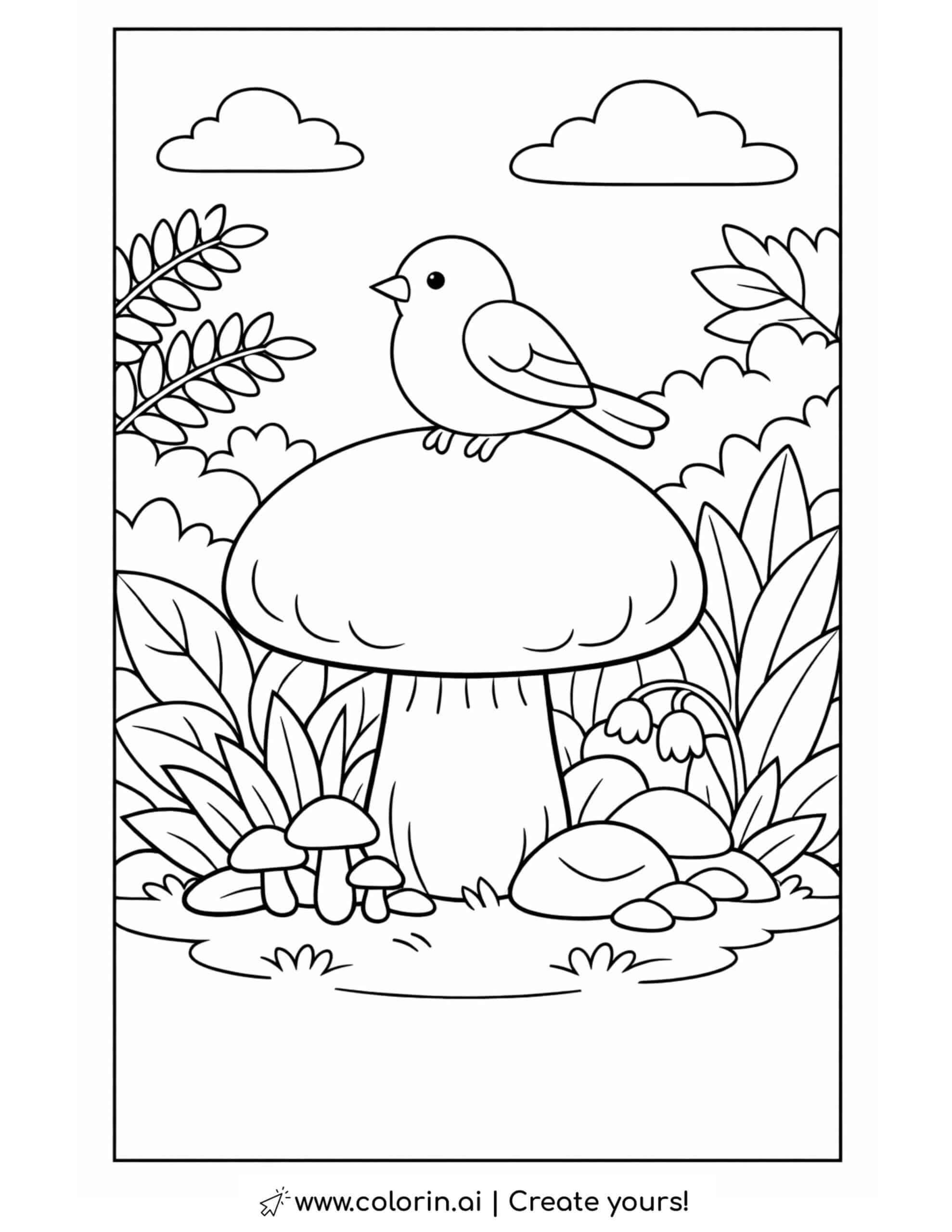 bird sitting on forest mushroom coloring page with plants and woodland mushrooms