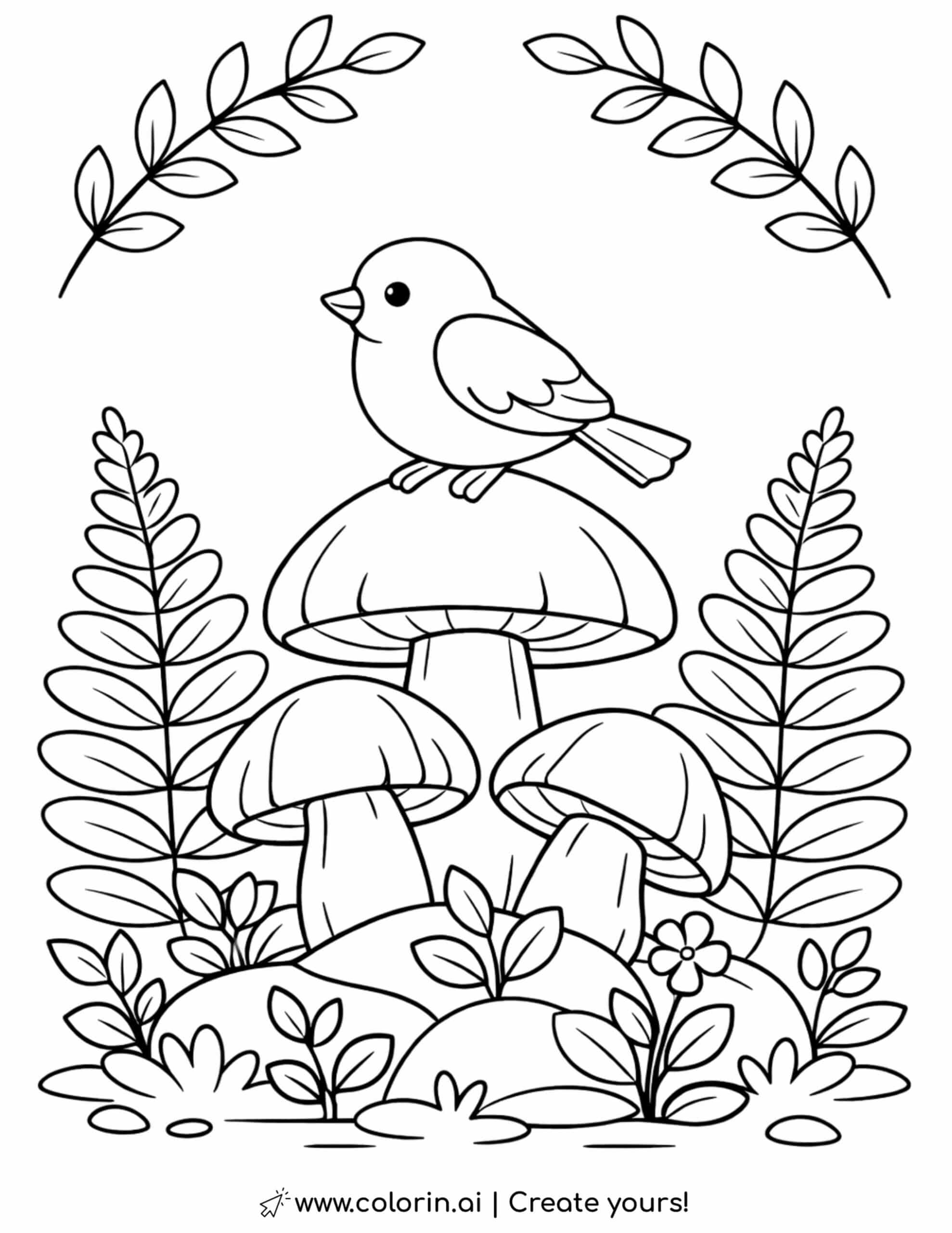 bird sitting on forest mushrooms coloring page with ferns and plants coloring page