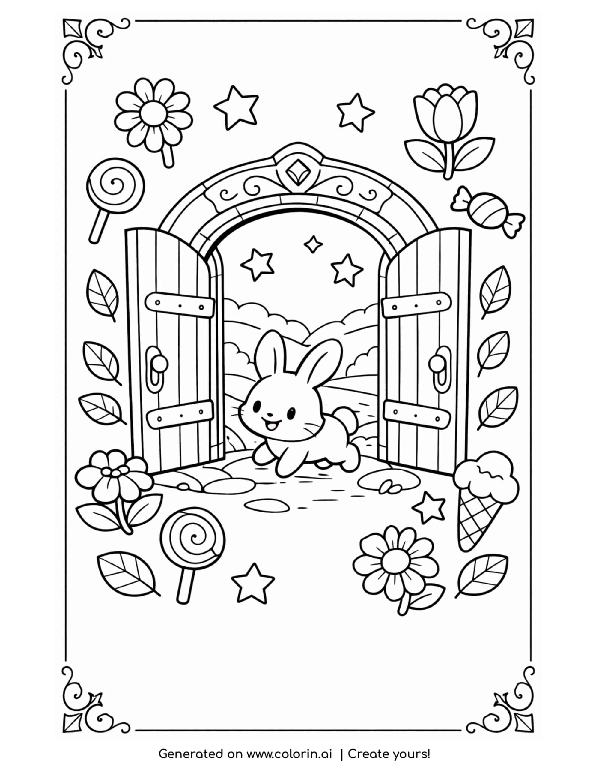 bunny crossing an enchanted door coloring page with stars flowers and candies coloring page