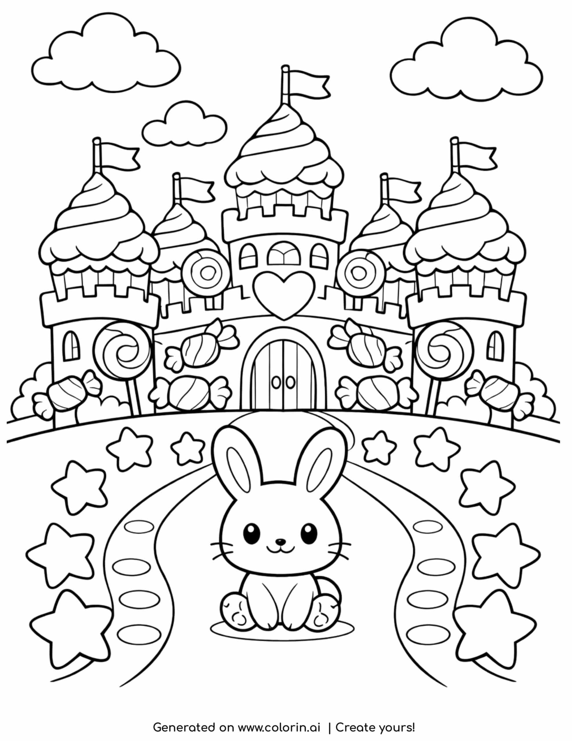 bunny in front of candy castle coloring page with stars and sweets around coloring page