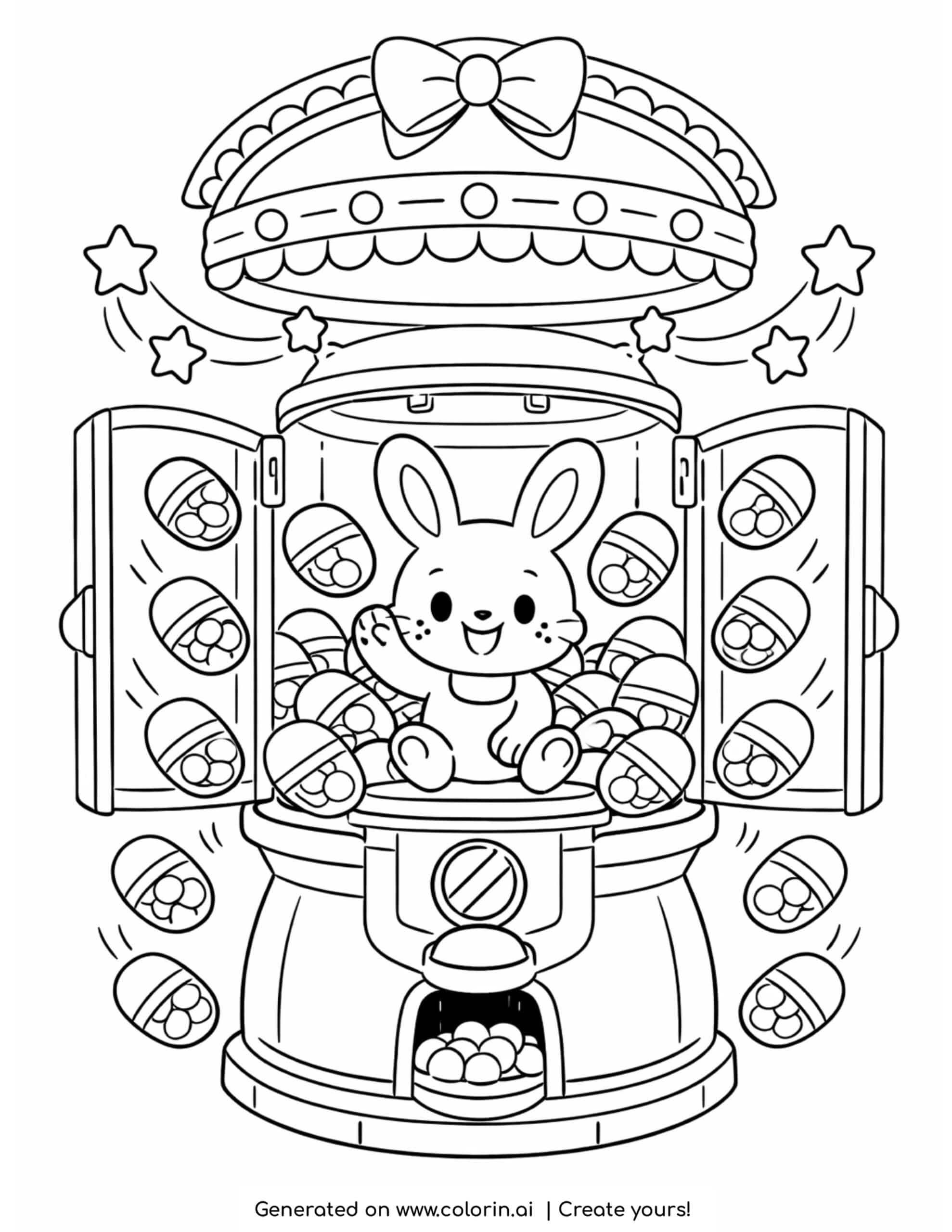 bunny inside a candy machine coloring page with capsules and stars around coloring page