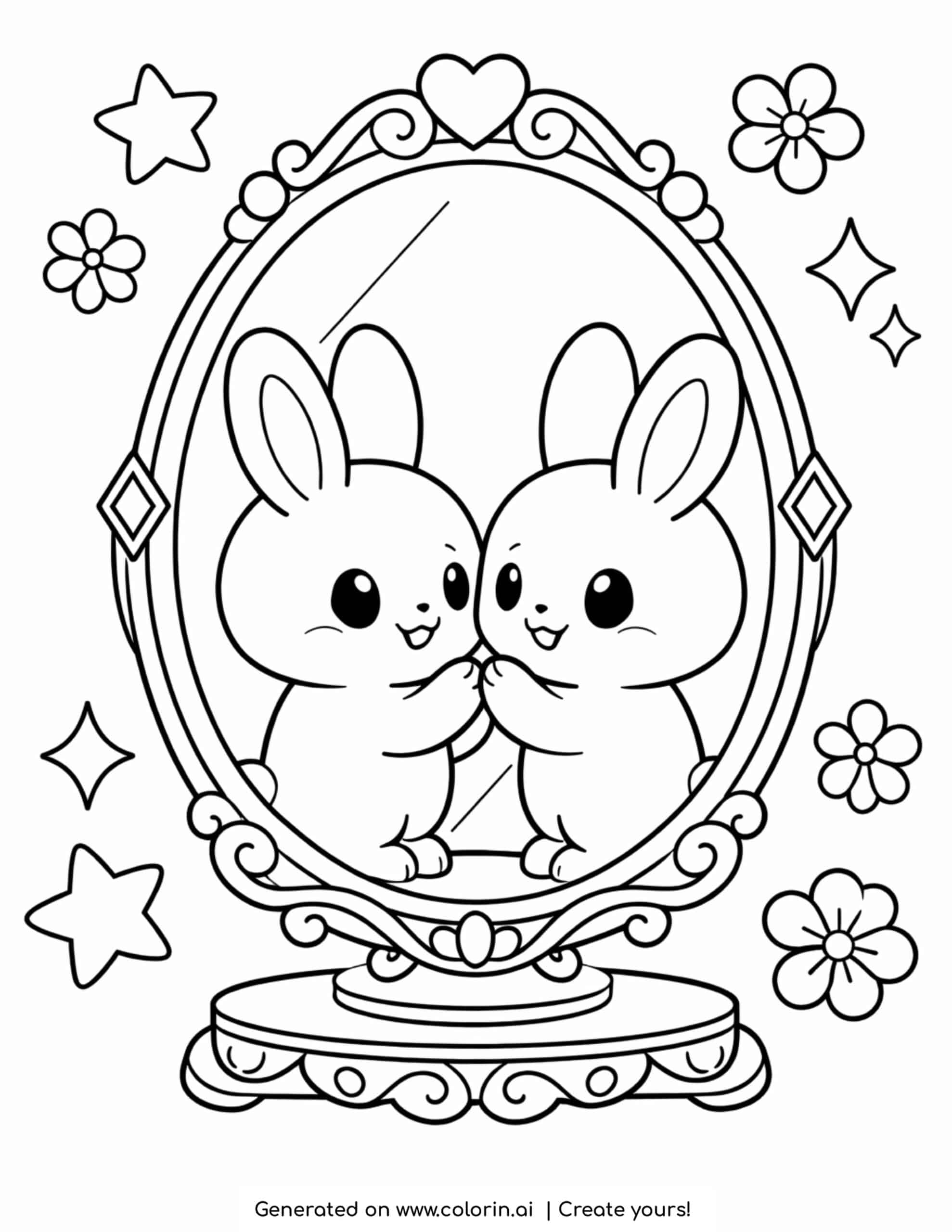 bunny looking at mirror reflection coloring page with flowers and stars coloring page