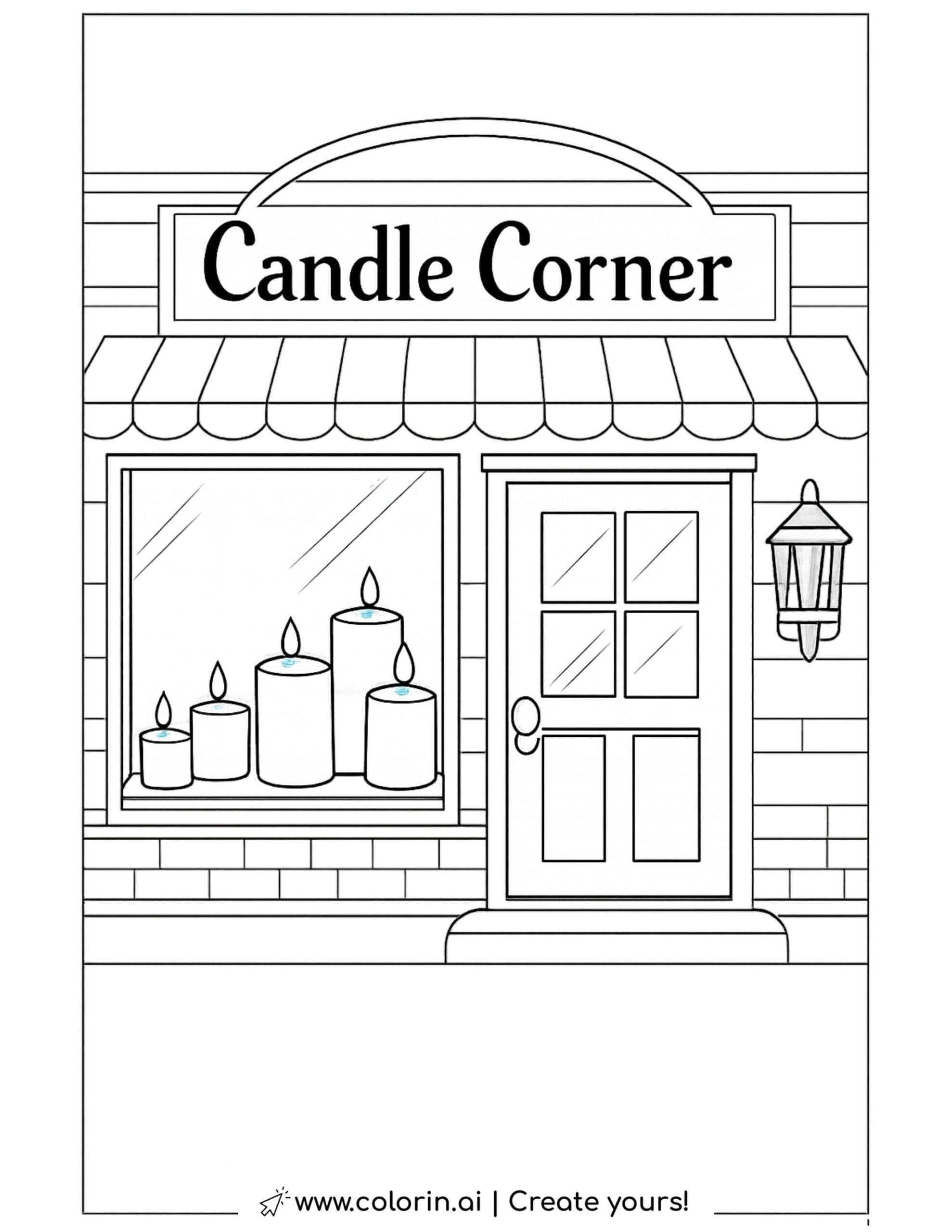 candle shop storefront with displayed candles coloring page showing window candles and shop sign coloring page