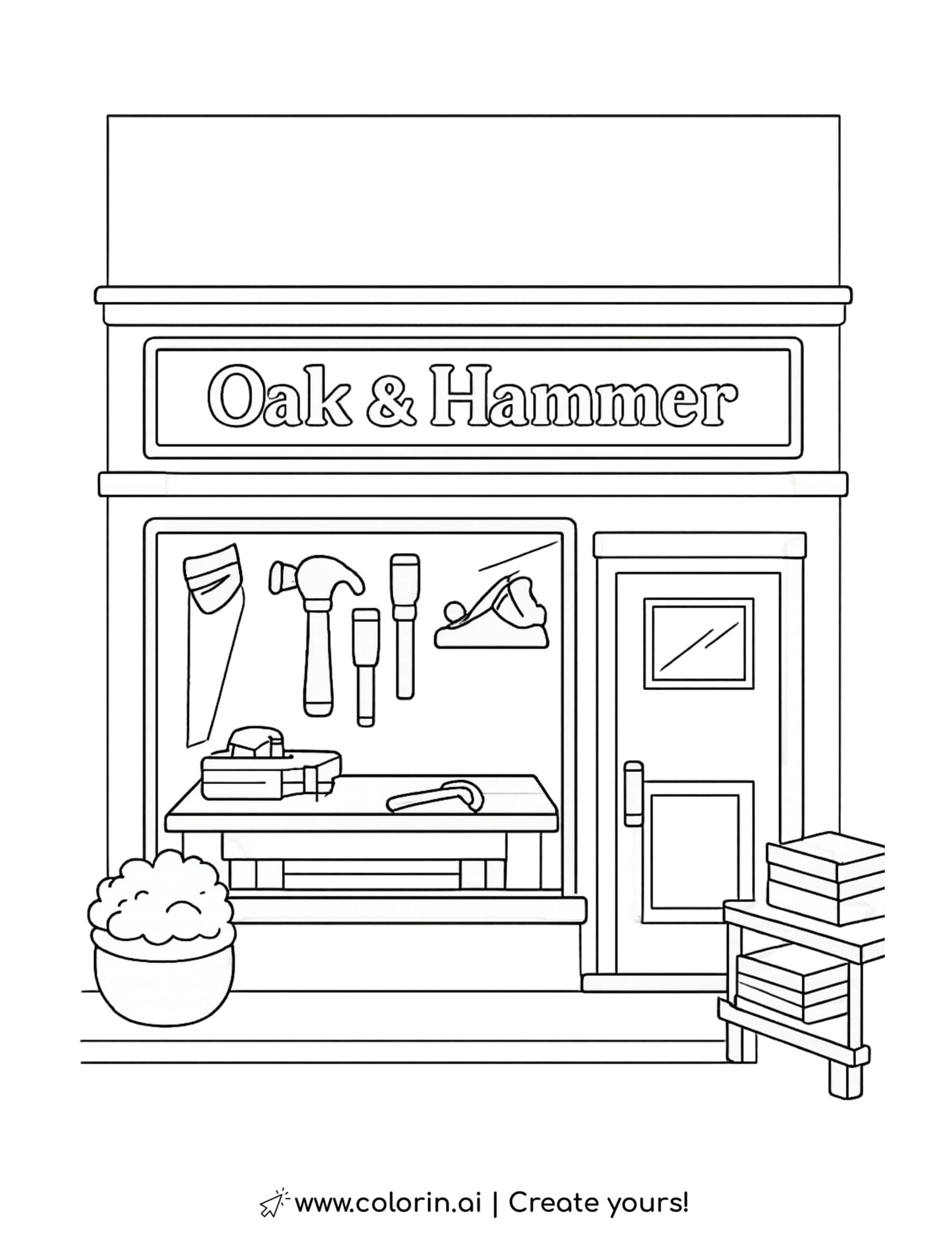 carpentry workshop storefront with tools display coloring page showing workbench and hanging tools coloring page