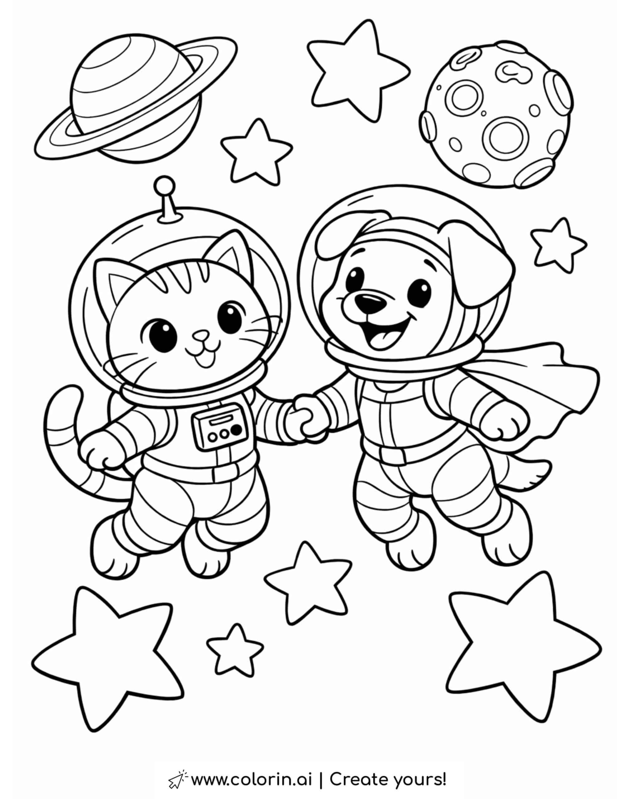 cat and dog astronauts floating in space coloring page