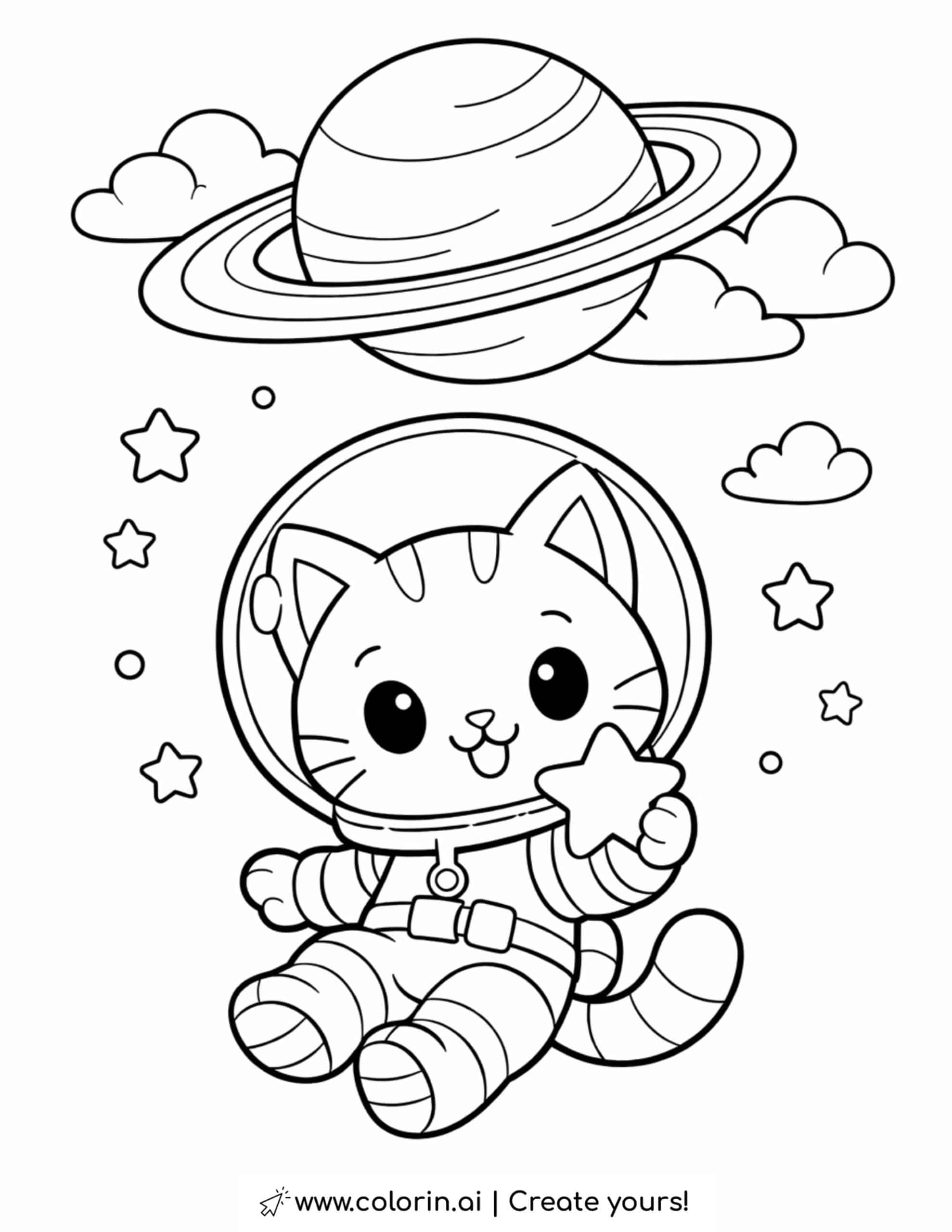 cat astronaut holding a star with ringed planet coloring page