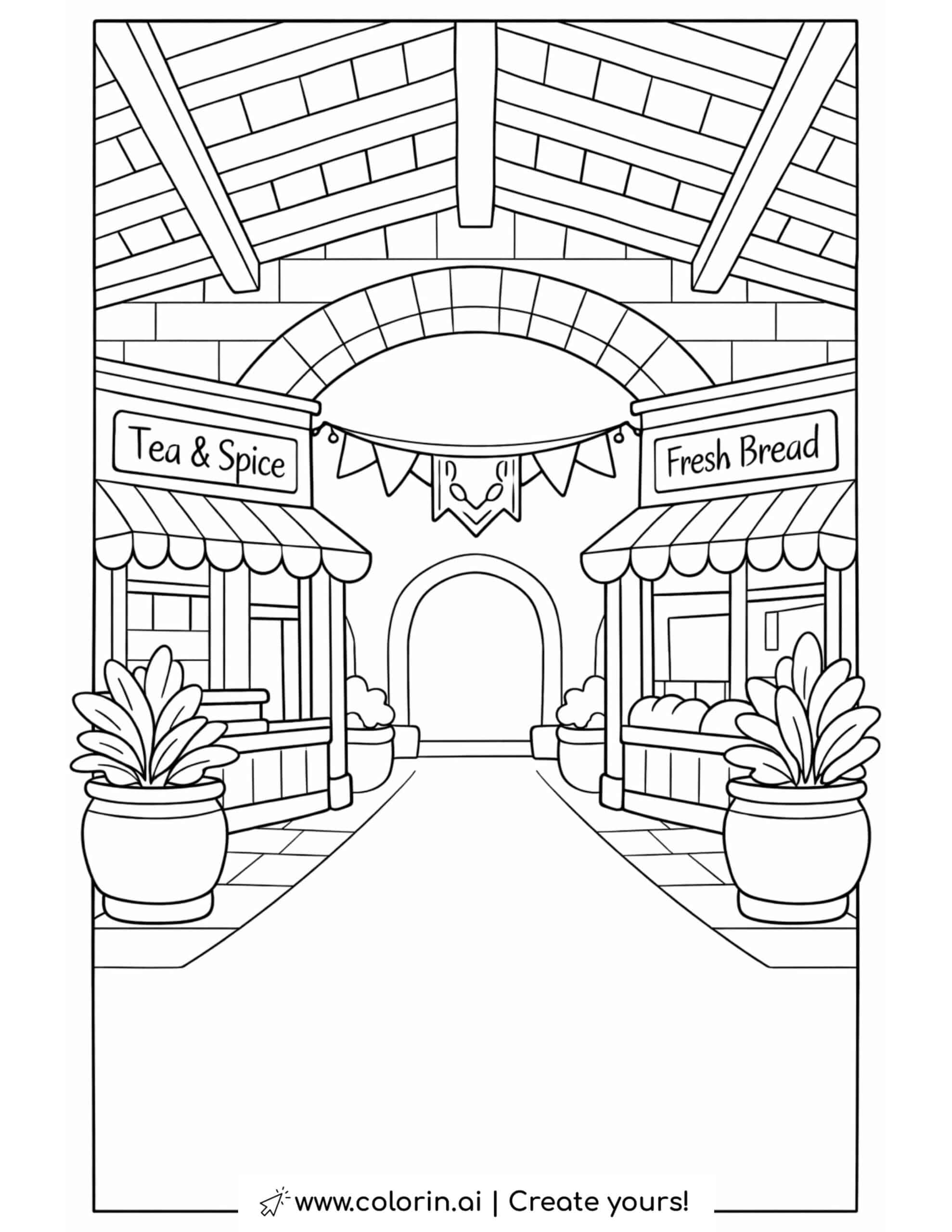 covered market passage with tea and bakery coloring page featuring arched hallway and shop signs coloring page