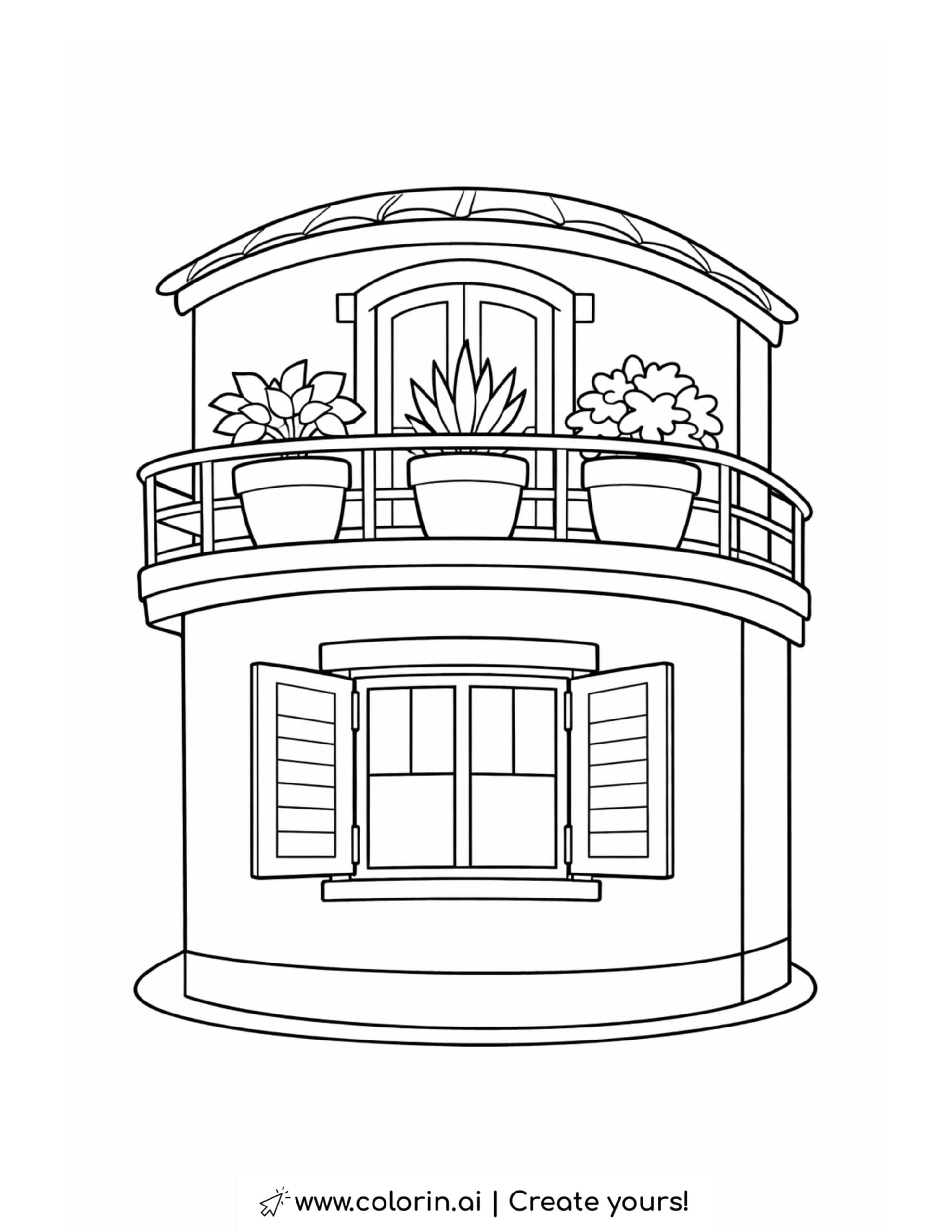 curved corner house with balcony plants coloring page showing rounded facade and open shutters coloring page
