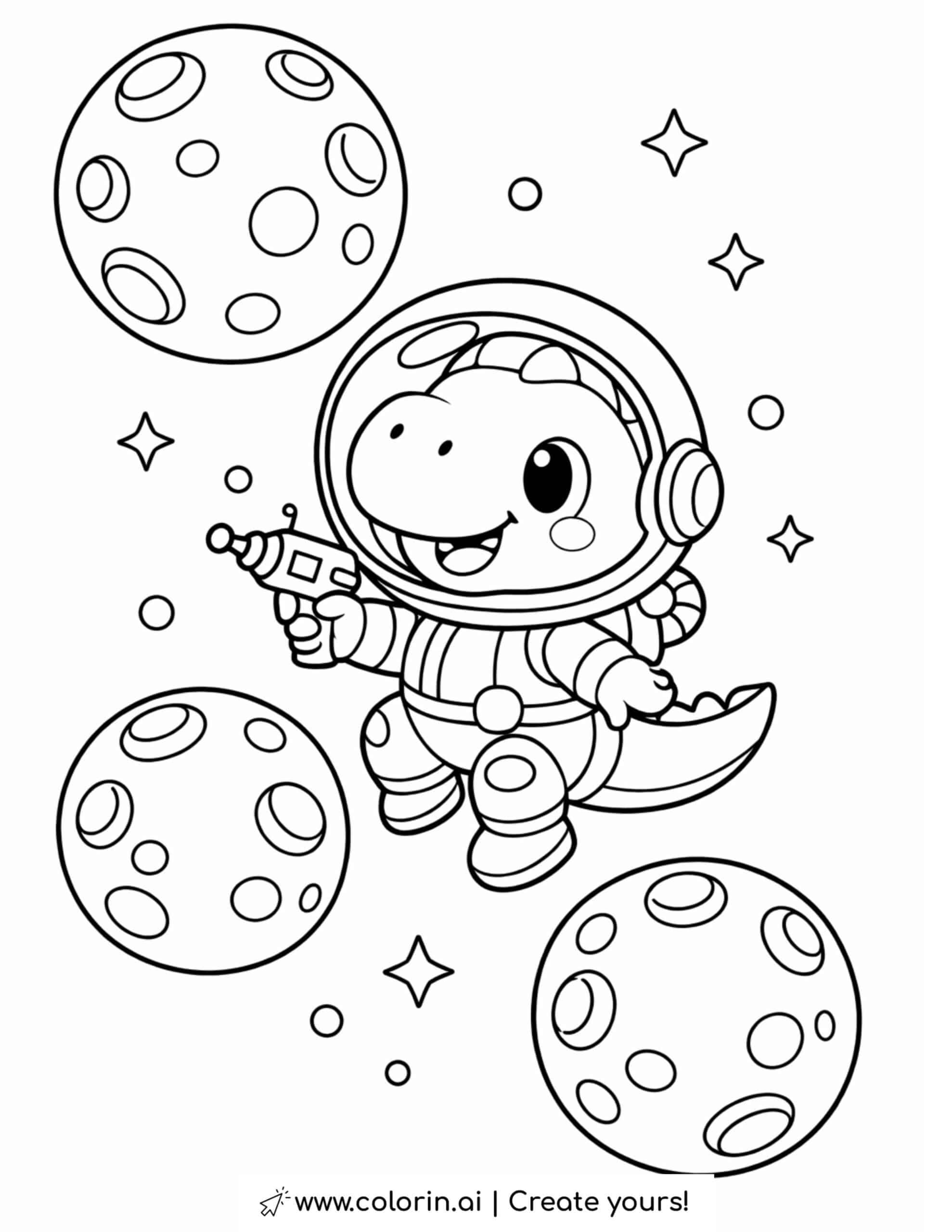 dinosaur astronaut floating among planets coloring page