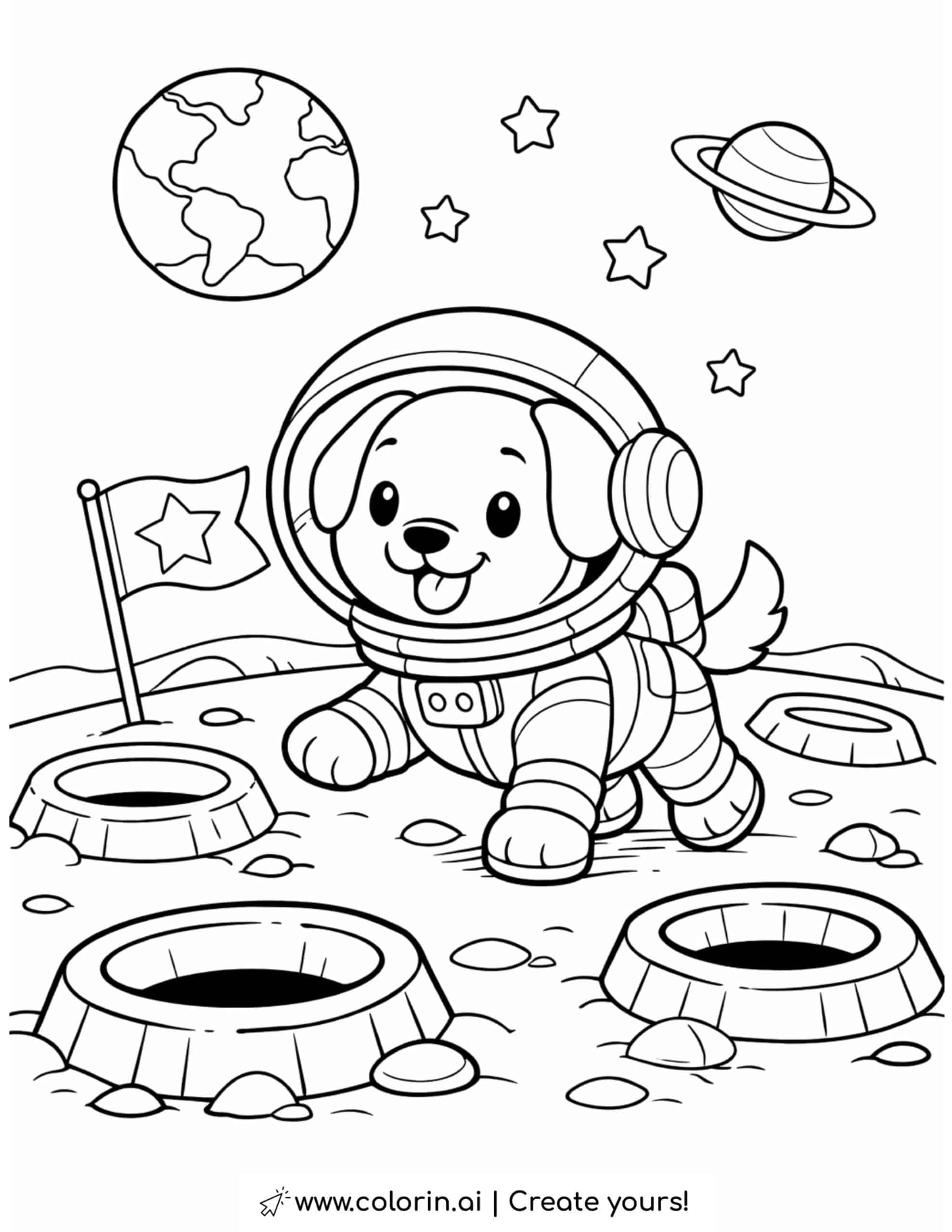 dog astronaut walking on the moon with stars and planets coloring page