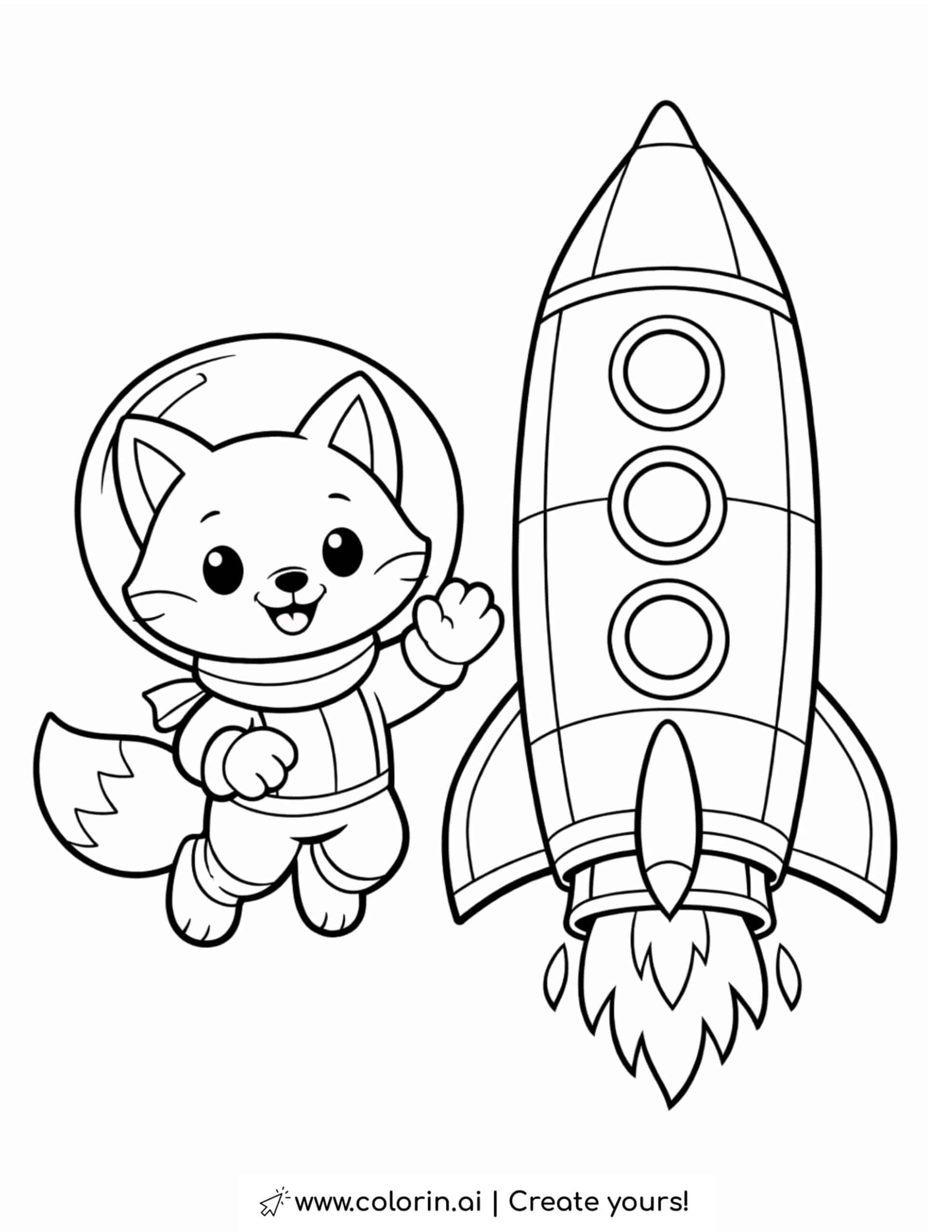 Fox Astronaut Waving Next to Rocket Coloring Page