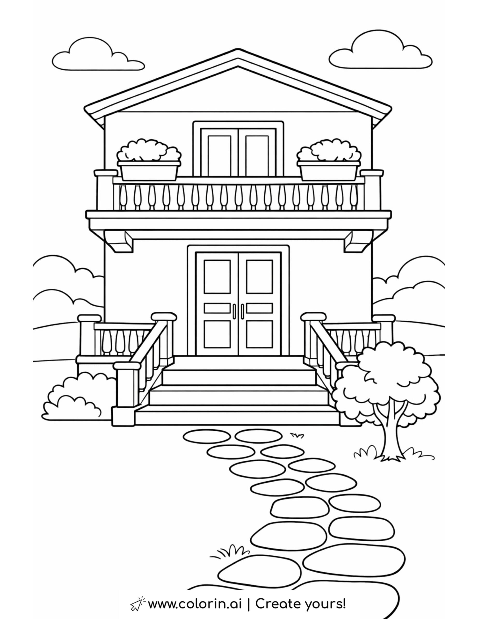 house with balcony and stone path coloring page featuring stairs, railing, balcony planters, and small tree coloring page