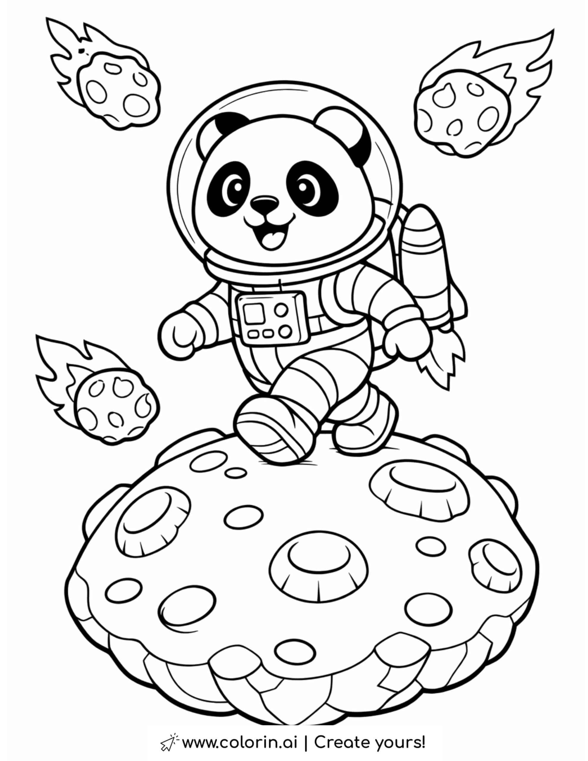 panda astronaut walking on asteroid coloring page