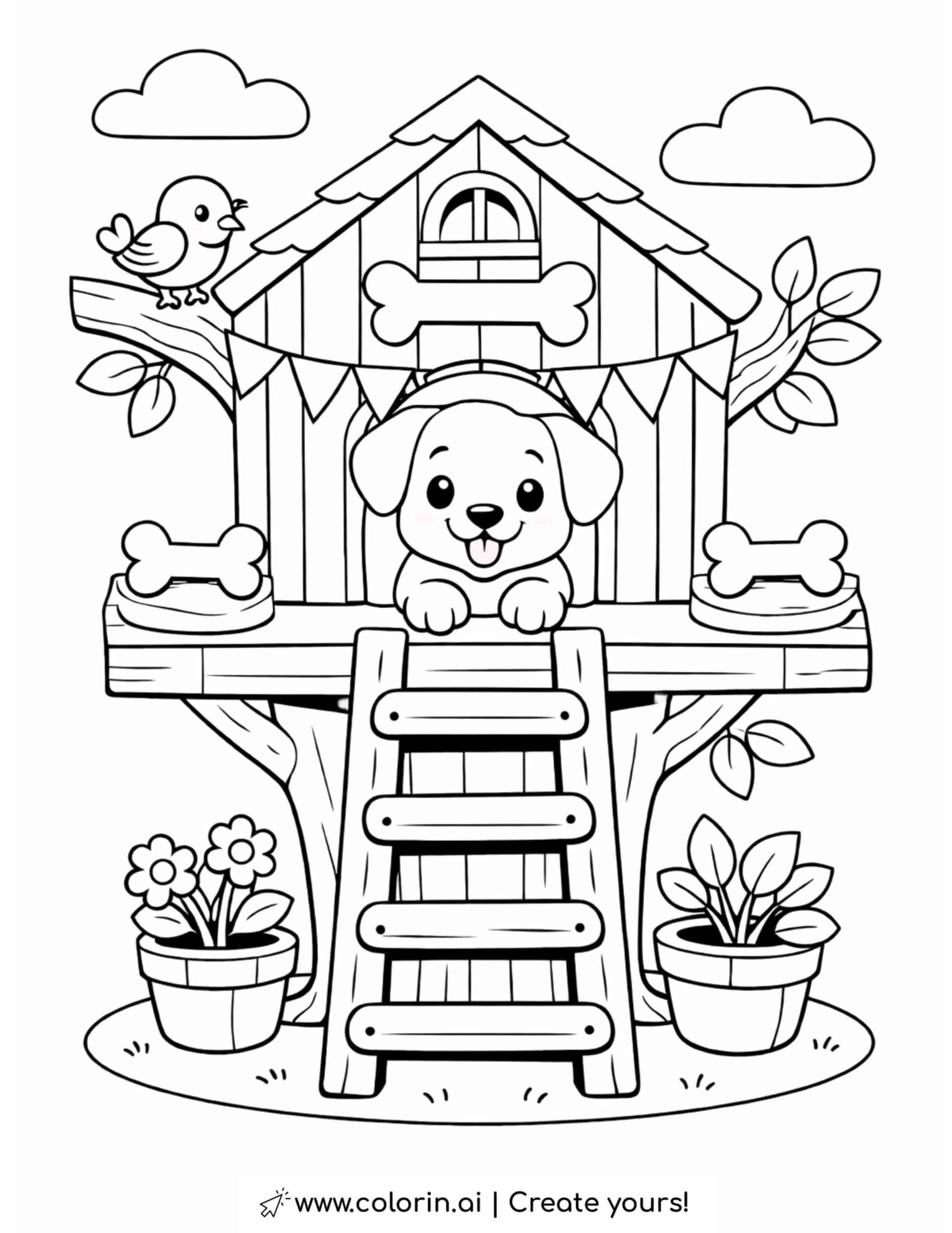 puppy in treehouse dog house coloring page with ladder plants bones and bird coloring page