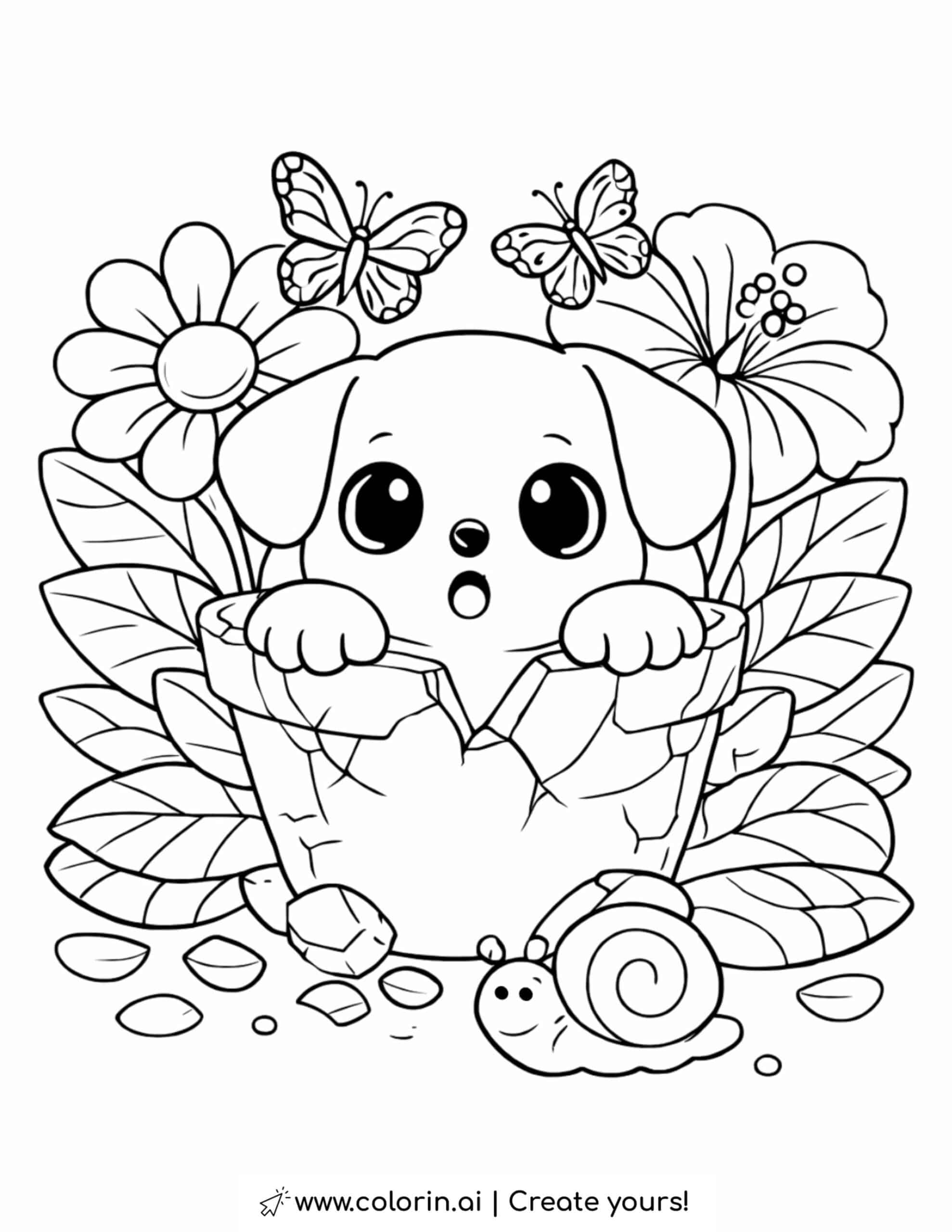 puppy peeking from broken flower pot coloring page with butterflies flowers leaves and snail coloring page