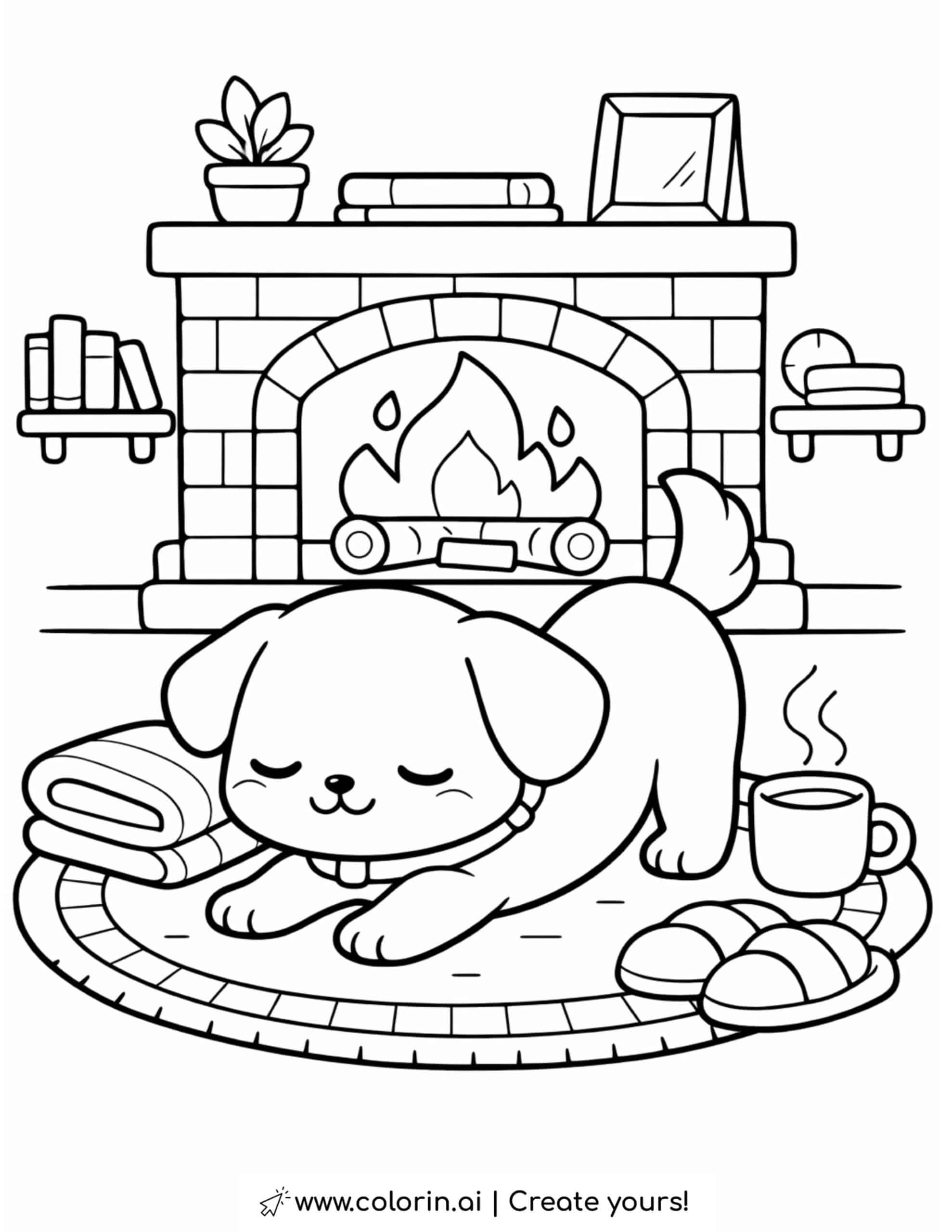 puppy stretching by fireplace coloring page with cozy rug cup and warm home scene coloring page