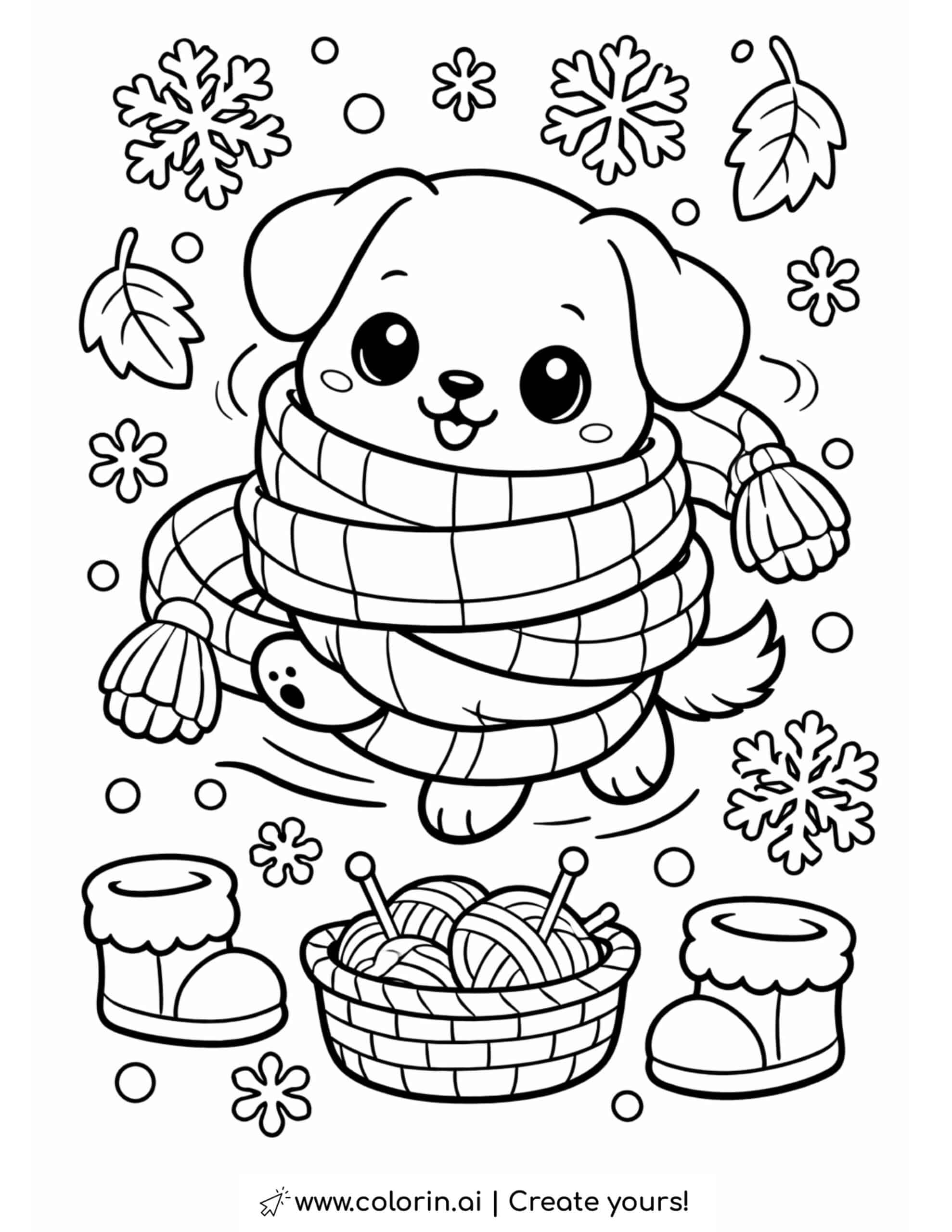 puppy wrapped in winter scarf coloring page with snowflakes yarn basket and mittens coloring page