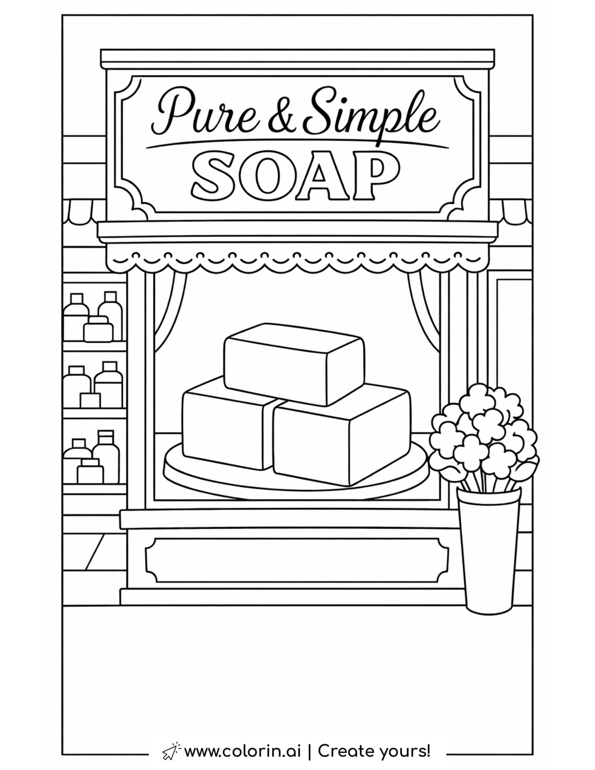 pure and simple soap shop window coloring page with stacked soap bars, sign, shelves, and flower pot coloring page