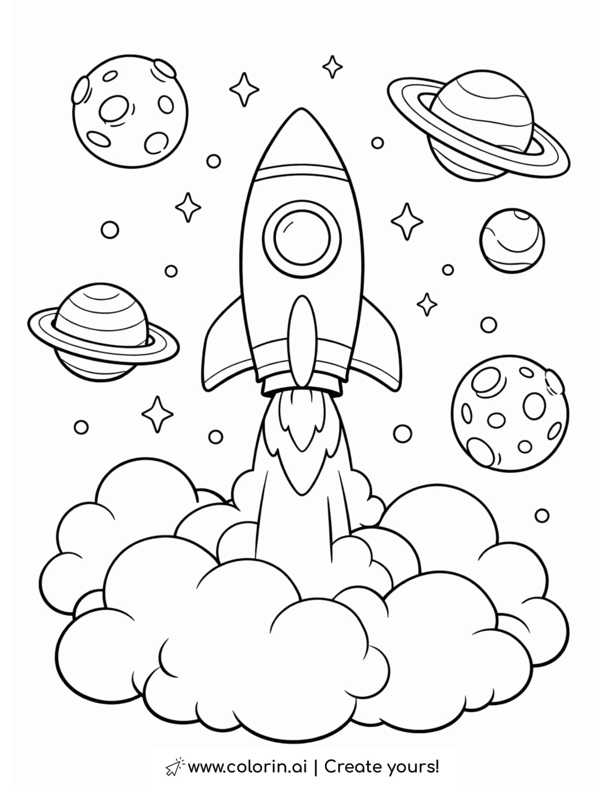 rocket launch surrounded by planets and stars coloring page