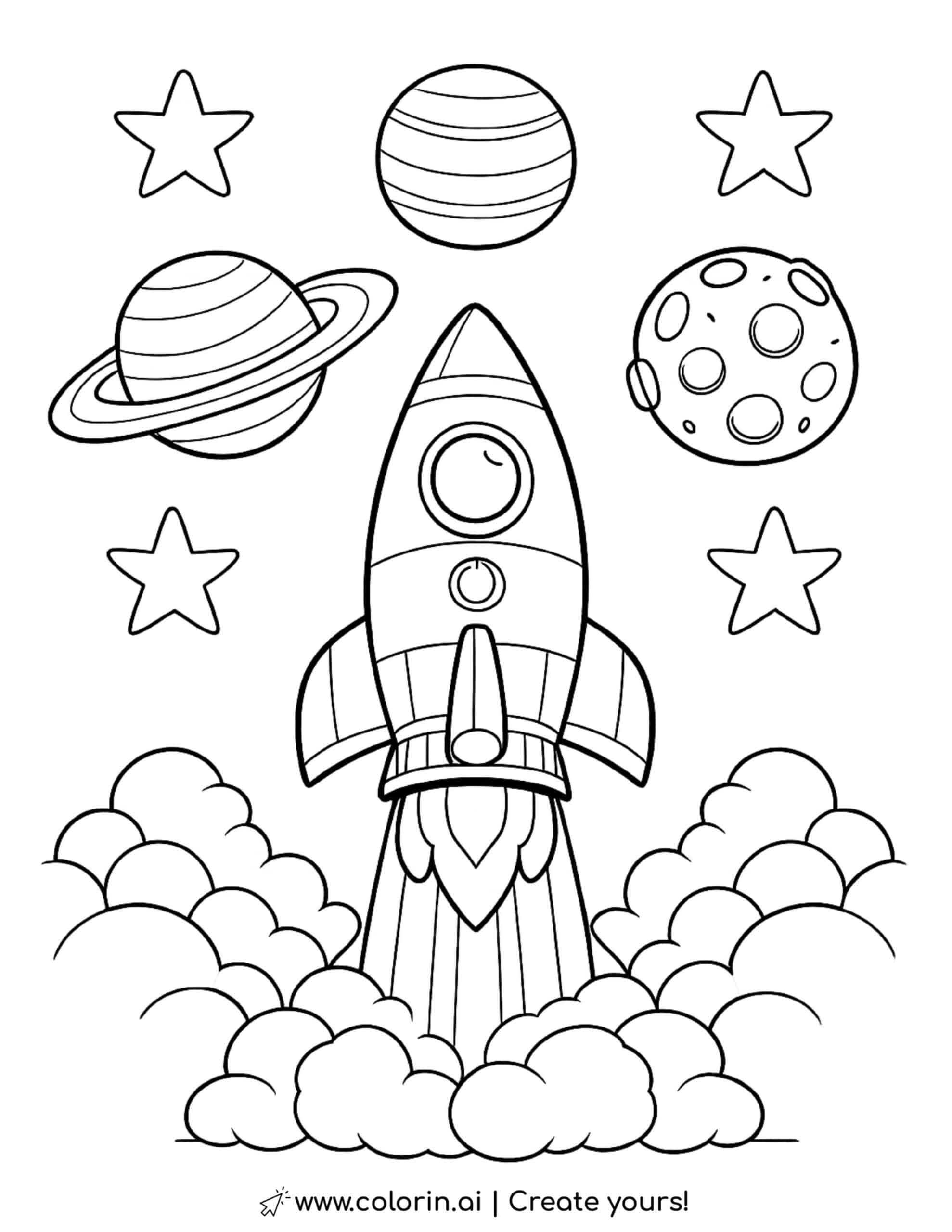 rocket launching into space with planets and stars coloring page