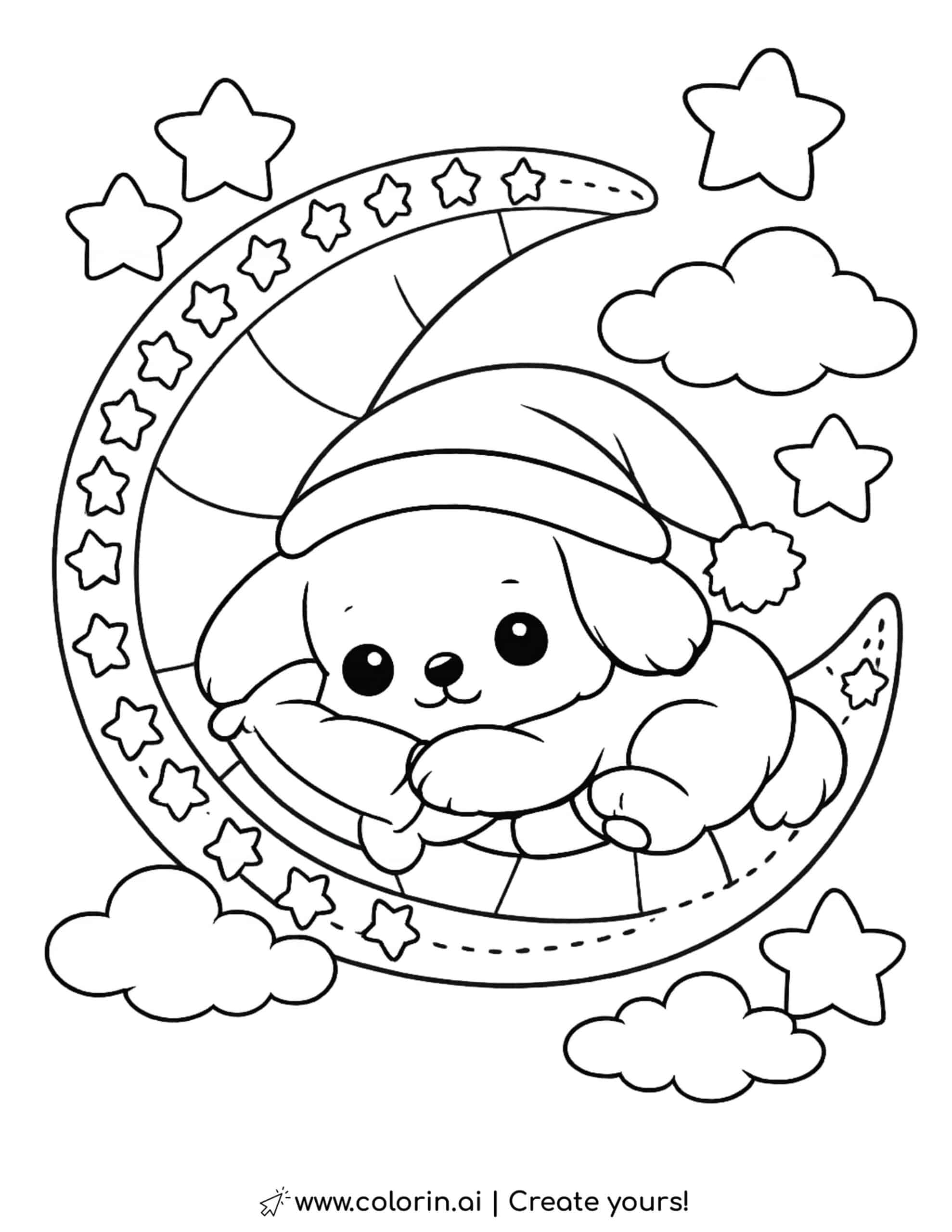 sleeping puppy on a starry crescent moon coloring page with clouds stars and a night sky